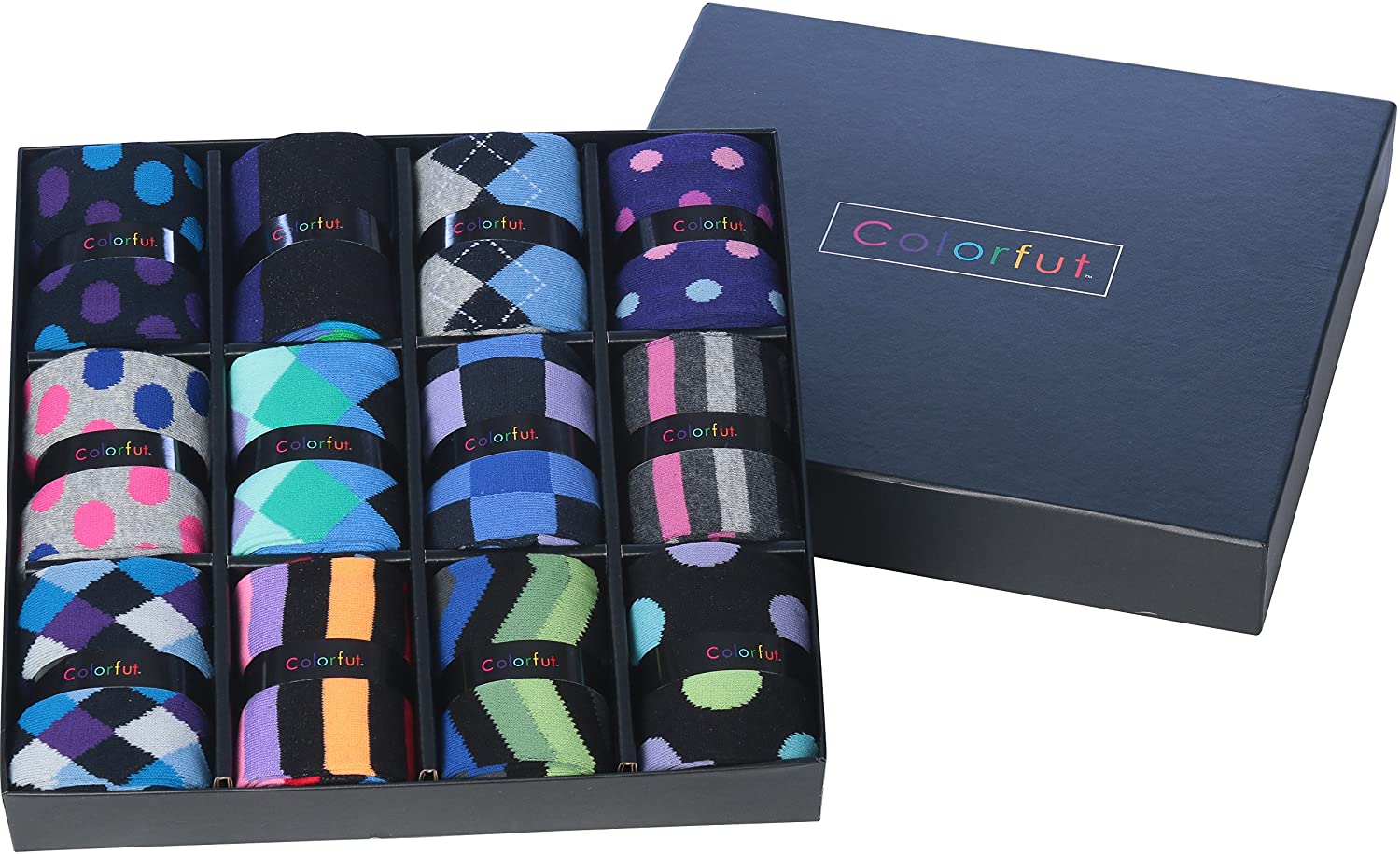 Colorfut Men's 12 Pairs Soft Cotton Blend Dress Socks in a colorful gift box, showcasing various funky designs.