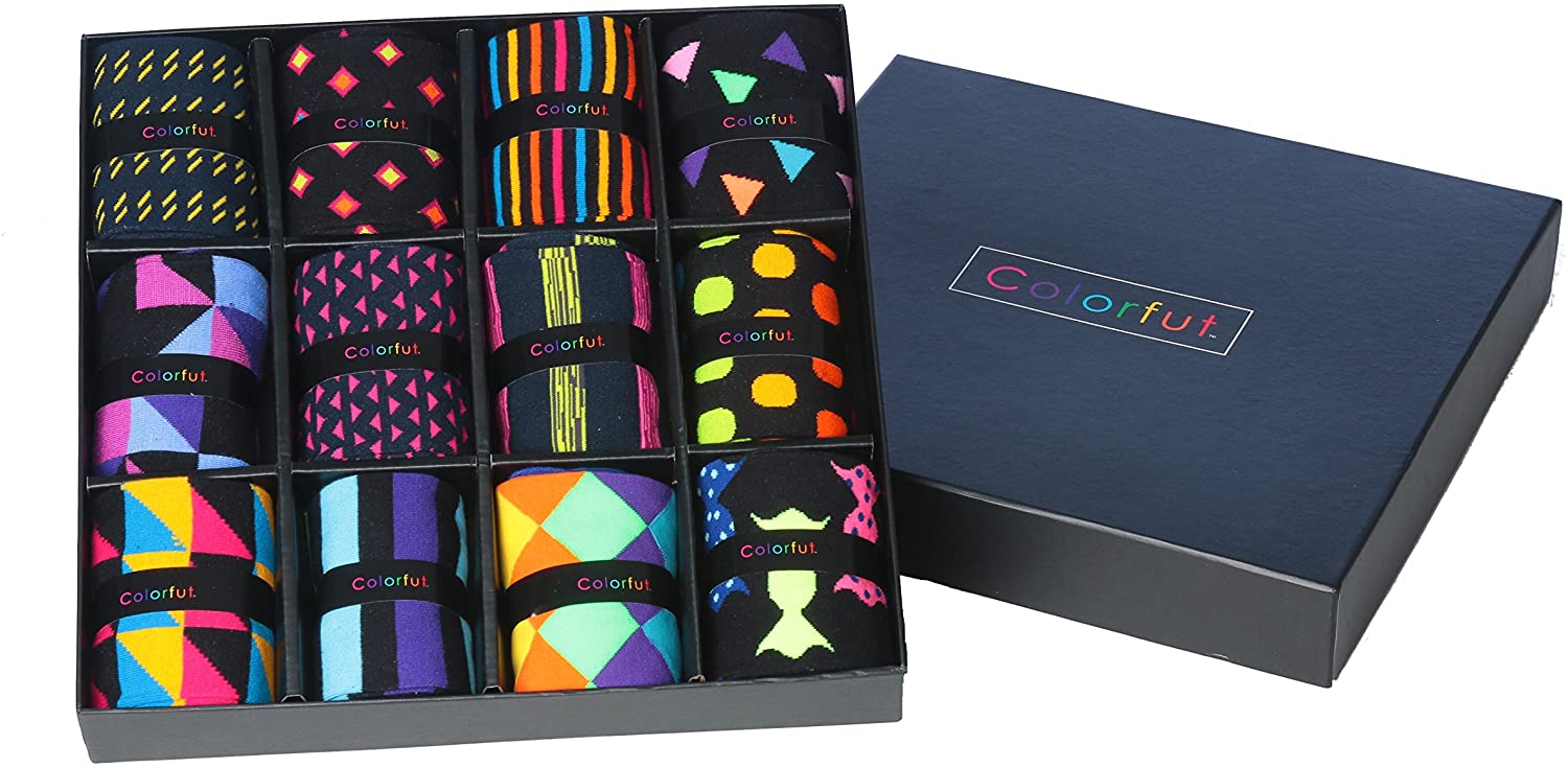 Colorfut Men's 12 Pairs Soft Cotton Blend Dress Socks in a colorful gift box, showcasing various funky designs.