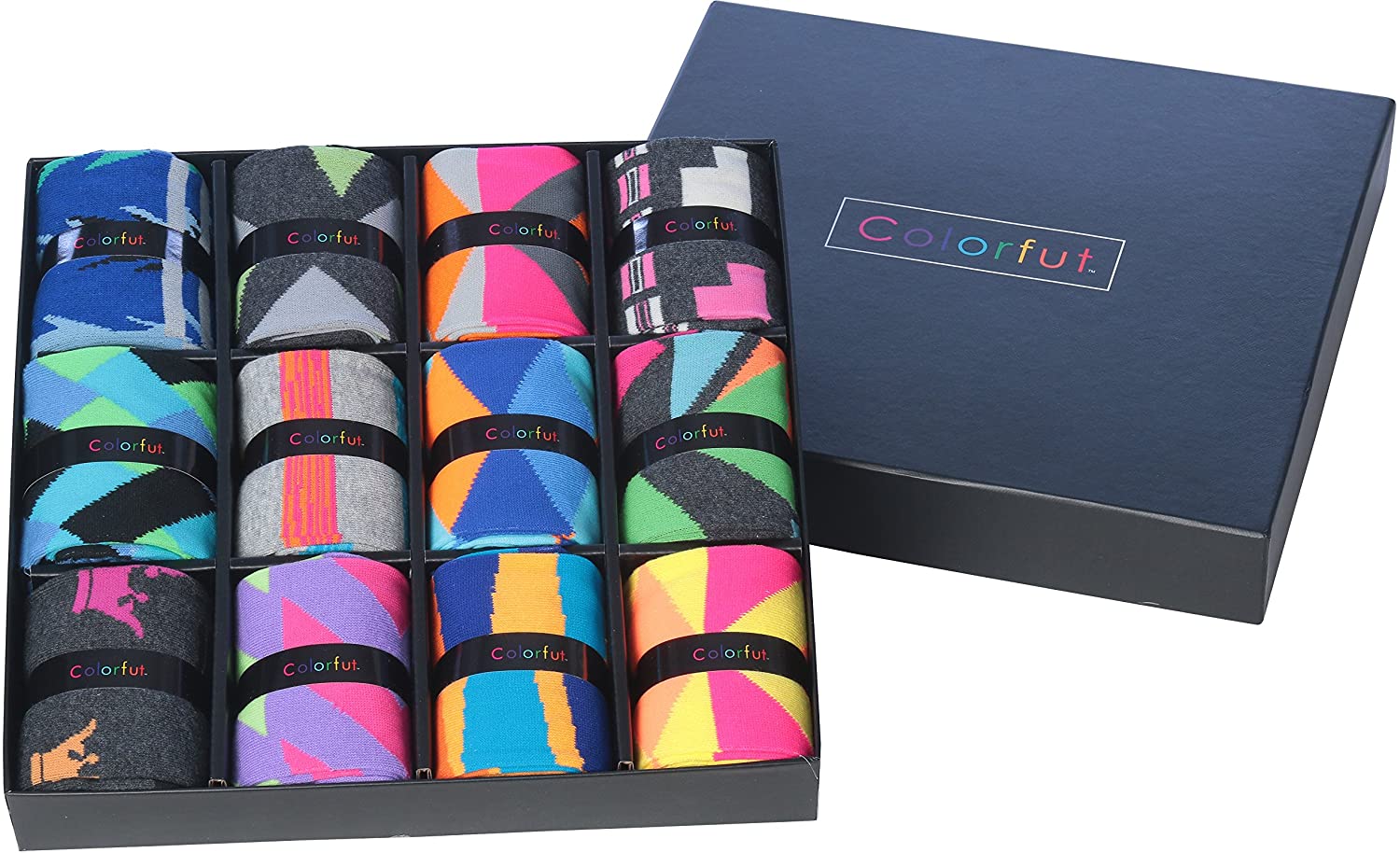 Colorfut Men's 12 Pairs Soft Cotton Blend Dress Socks in a colorful gift box, showcasing various funky designs.