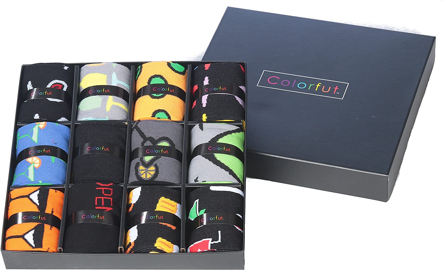 Colorfut Men's 12 Pairs Soft Cotton Blend Dress Socks in a colorful gift box, showcasing various funky designs.