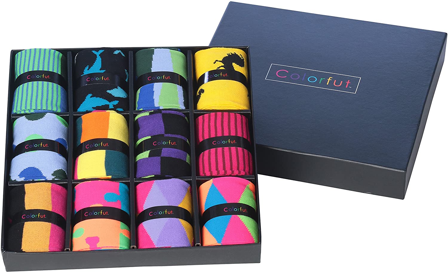 Colorfut Men's 12 Pairs Soft Cotton Blend Dress Socks in a colorful gift box, showcasing various funky designs.