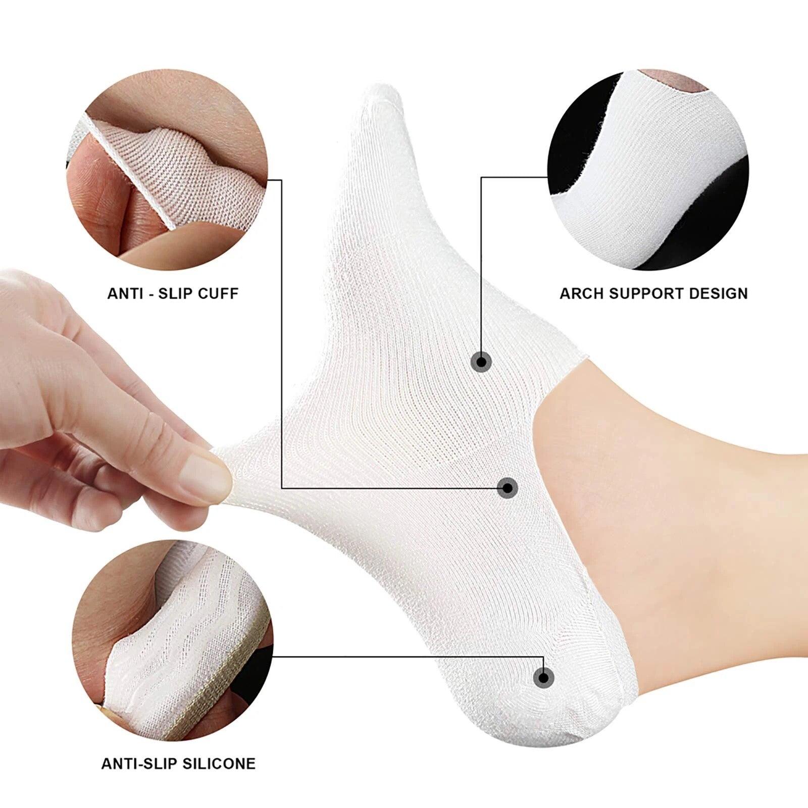 Comfort Rich Men's No Show Socks in black and white, featuring a breathable cotton blend, designed for sizes 10-13.