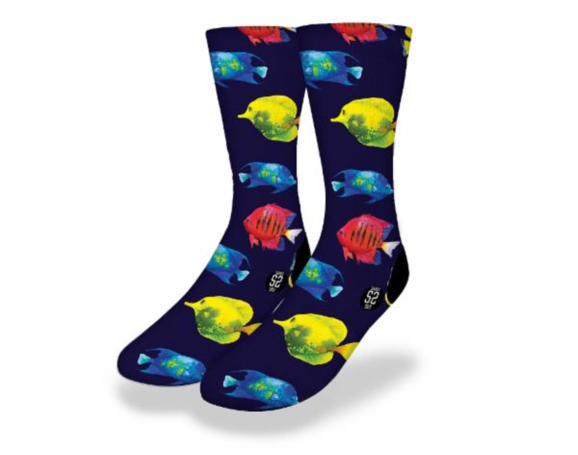 CORAL REEF TRIO Fun Fish Socks featuring vibrant blue, red, and yellow tropical reef fish design, perfect for aquatic enthusiasts.