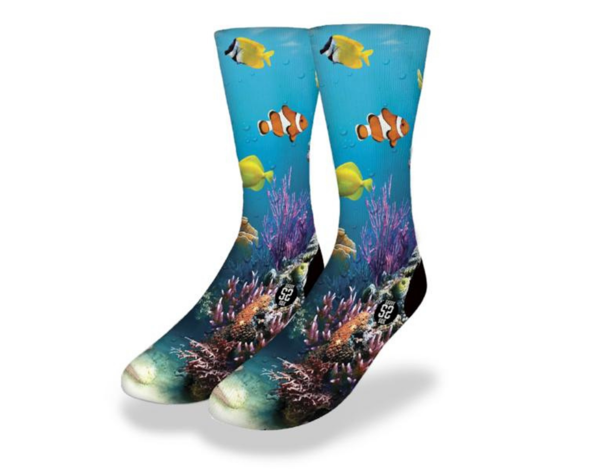 Coral Reef Yellow Tang and Clown Fish socks featuring vibrant marine life design in blue aqua waters.