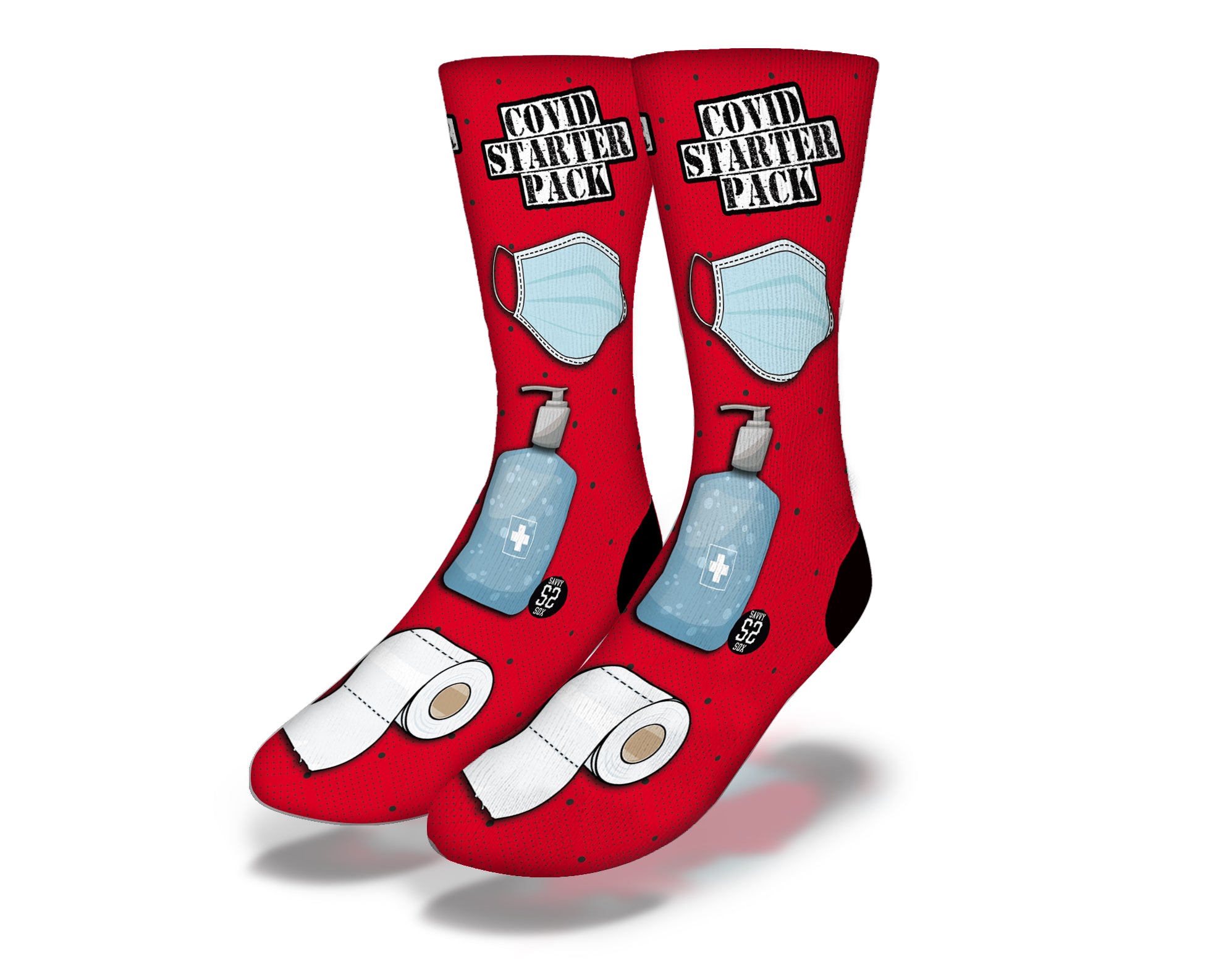 Red COVID Starter Pack funny quarantine socks designed for humor and comfort during lockdown.