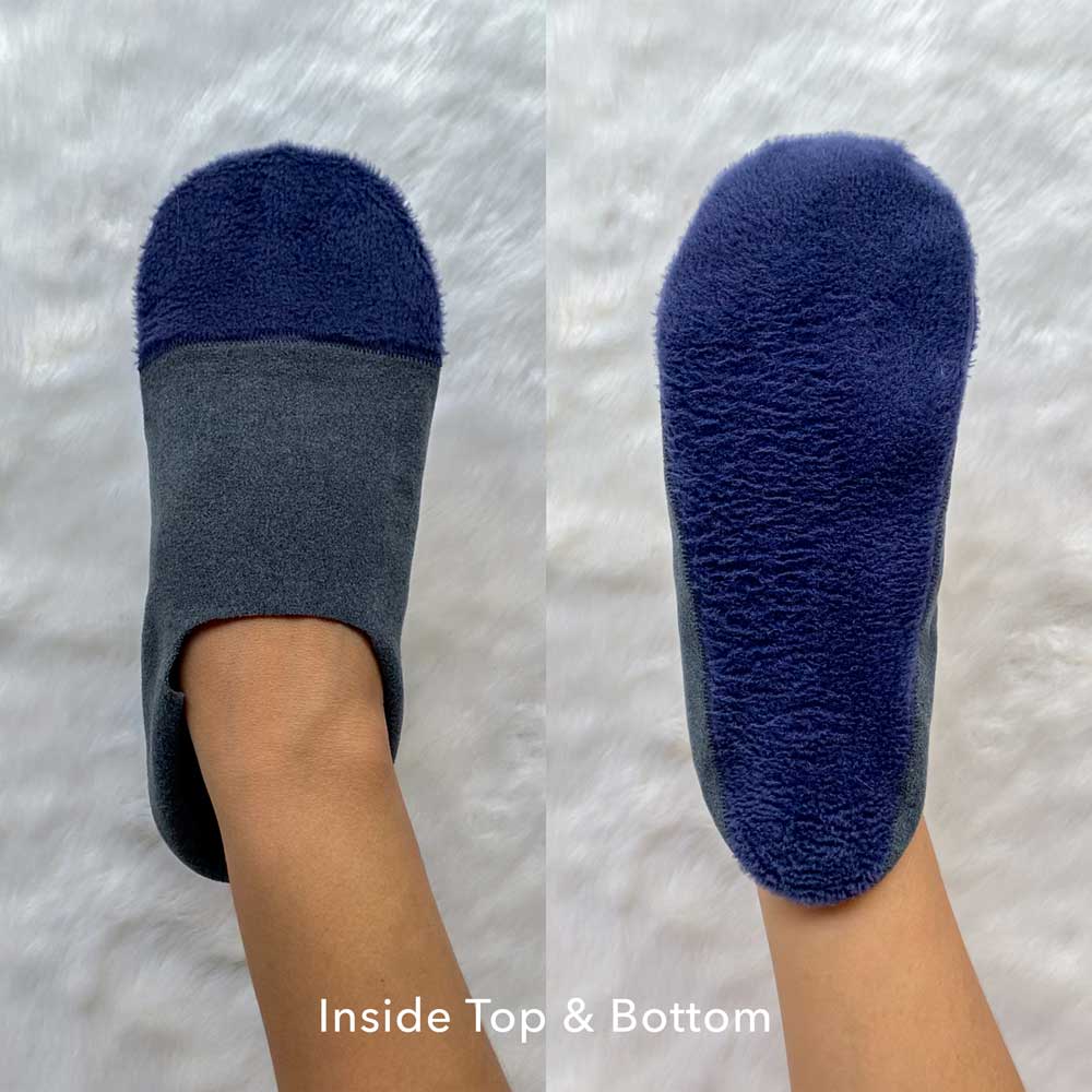 Cozy blue gray fleece no show socks designed for warmth and style, perfect for wearing with booties and boots.