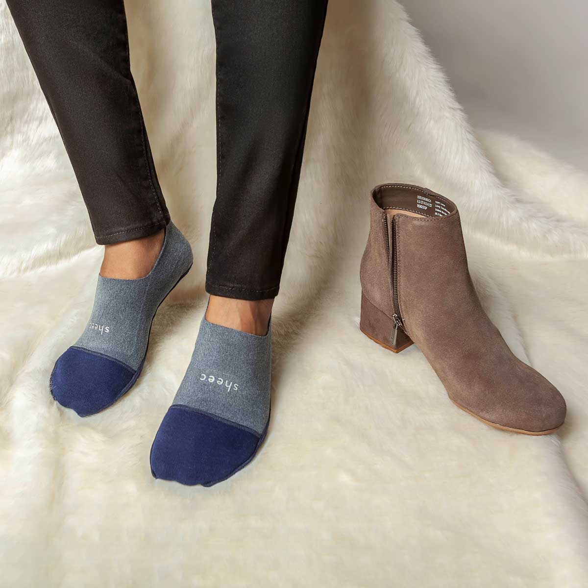 Cozy blue gray fleece no show socks designed for warmth and style, perfect for wearing with booties and boots.