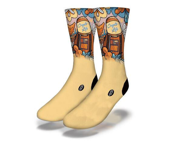 A pair of CRYPTO LIFE Funny Crypto Socks featuring colorful cryptocurrency designs, perfect for crypto enthusiasts and gamers.