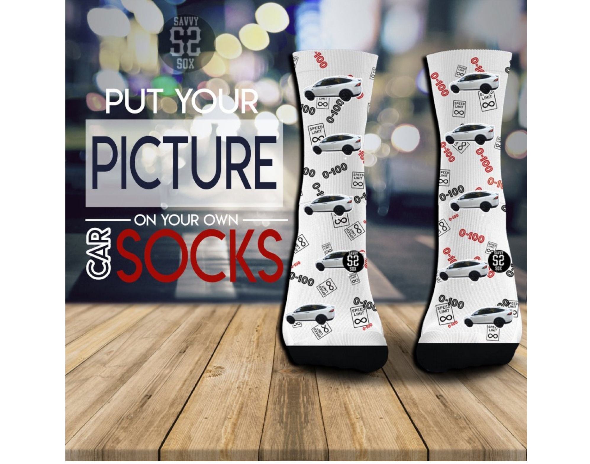 A pair of custom socks featuring a vibrant car image on both sides, showcasing personalized design.