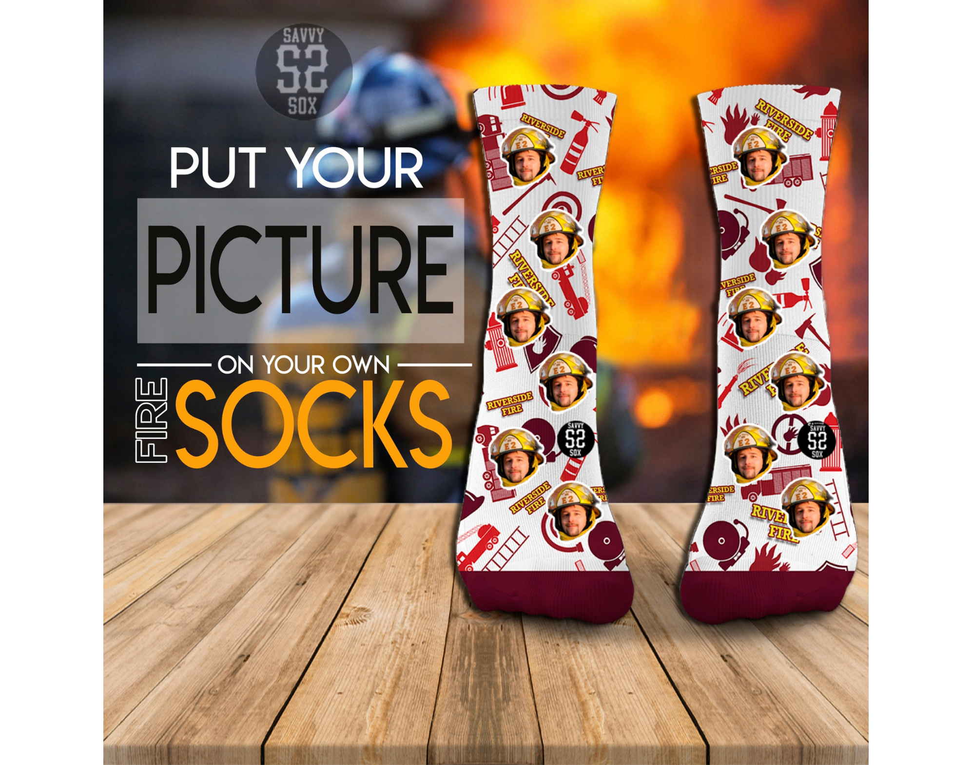 Custom firefighter socks featuring personalized images and department logos, showcasing pride and dedication.