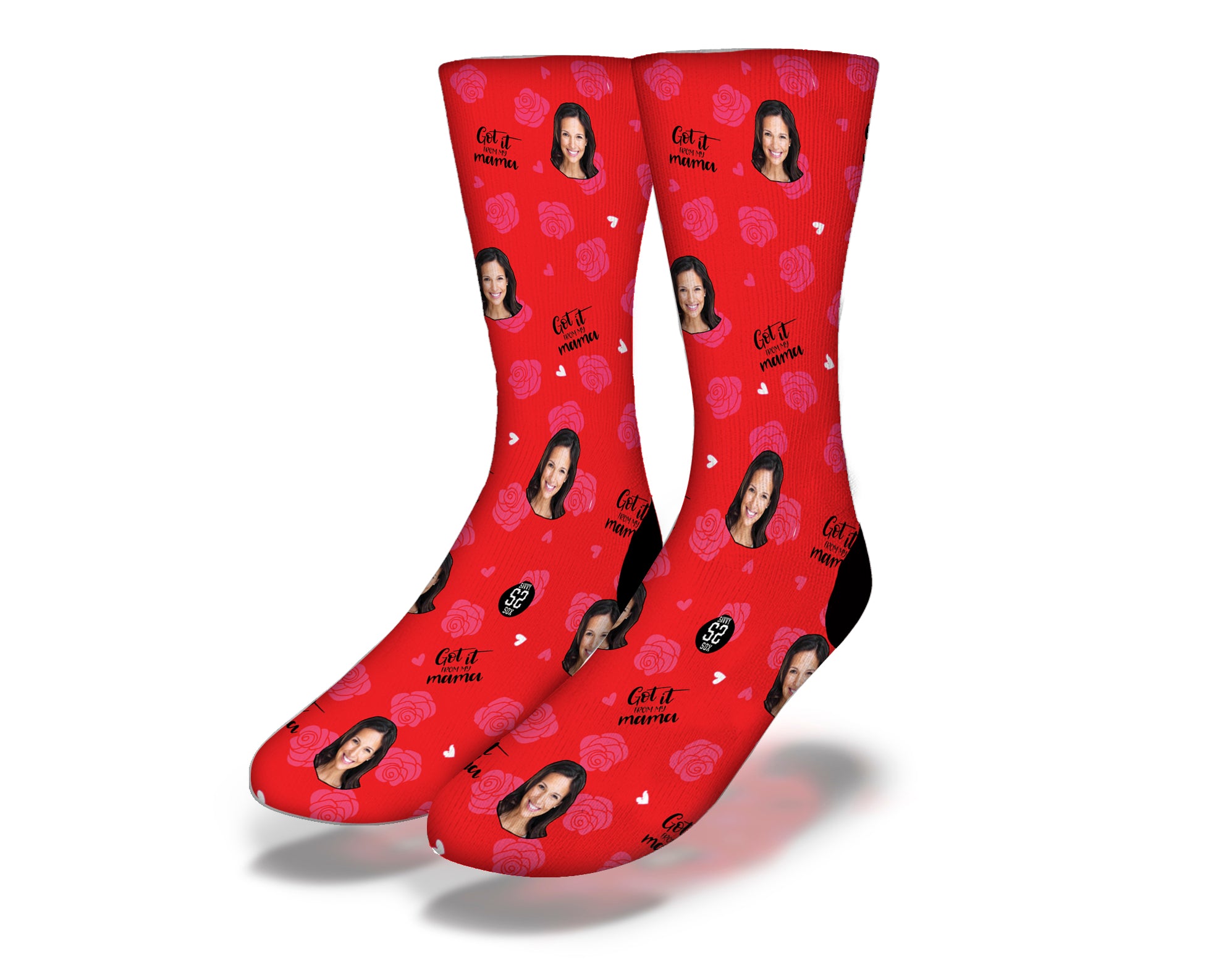 Custom red socks featuring personalized images, designed for comfort and style.