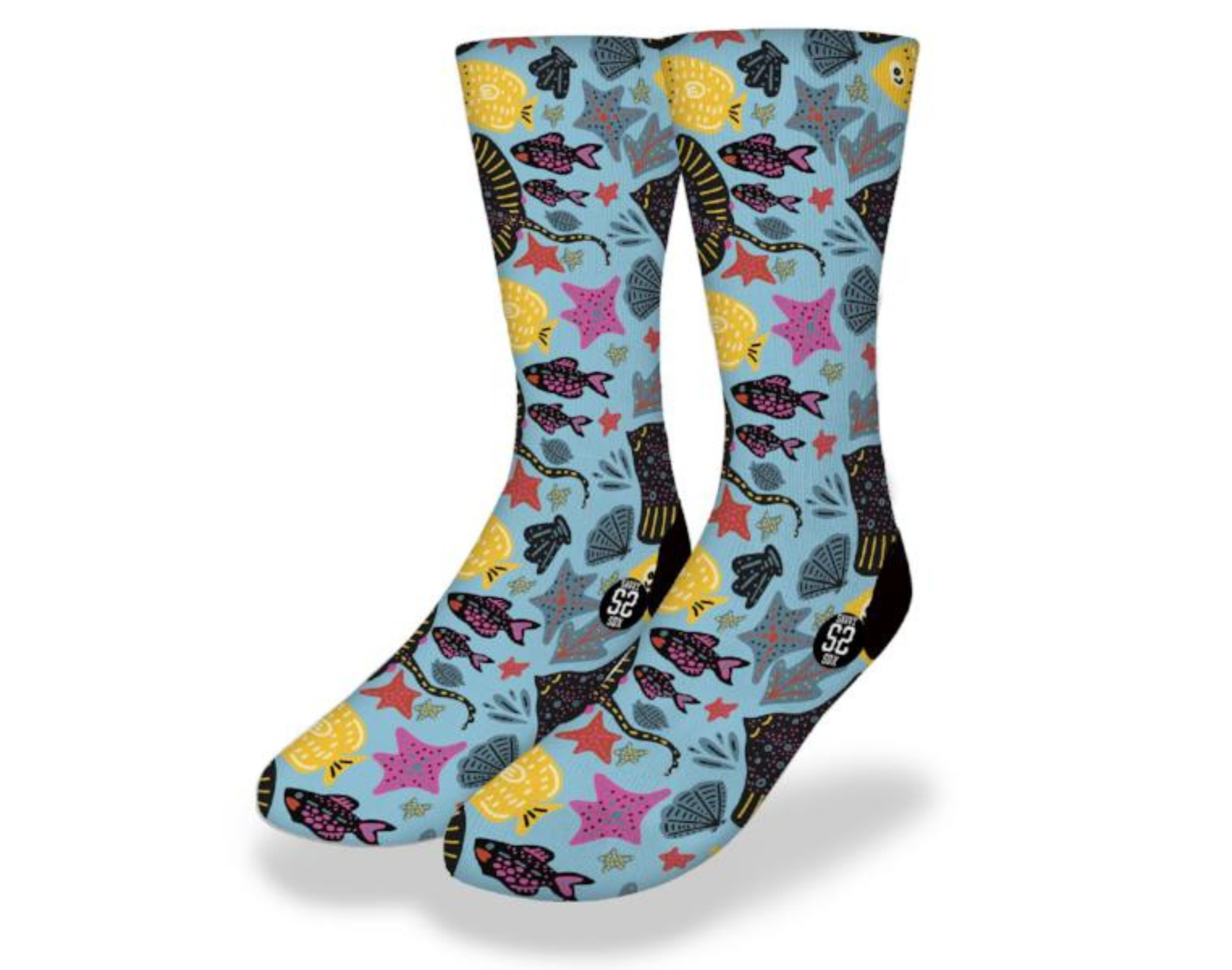 Cute Cartoon Fish Collage Sea Life Socks featuring colorful marine life designs including stingrays, yellow tangs, seashells, and starfish.