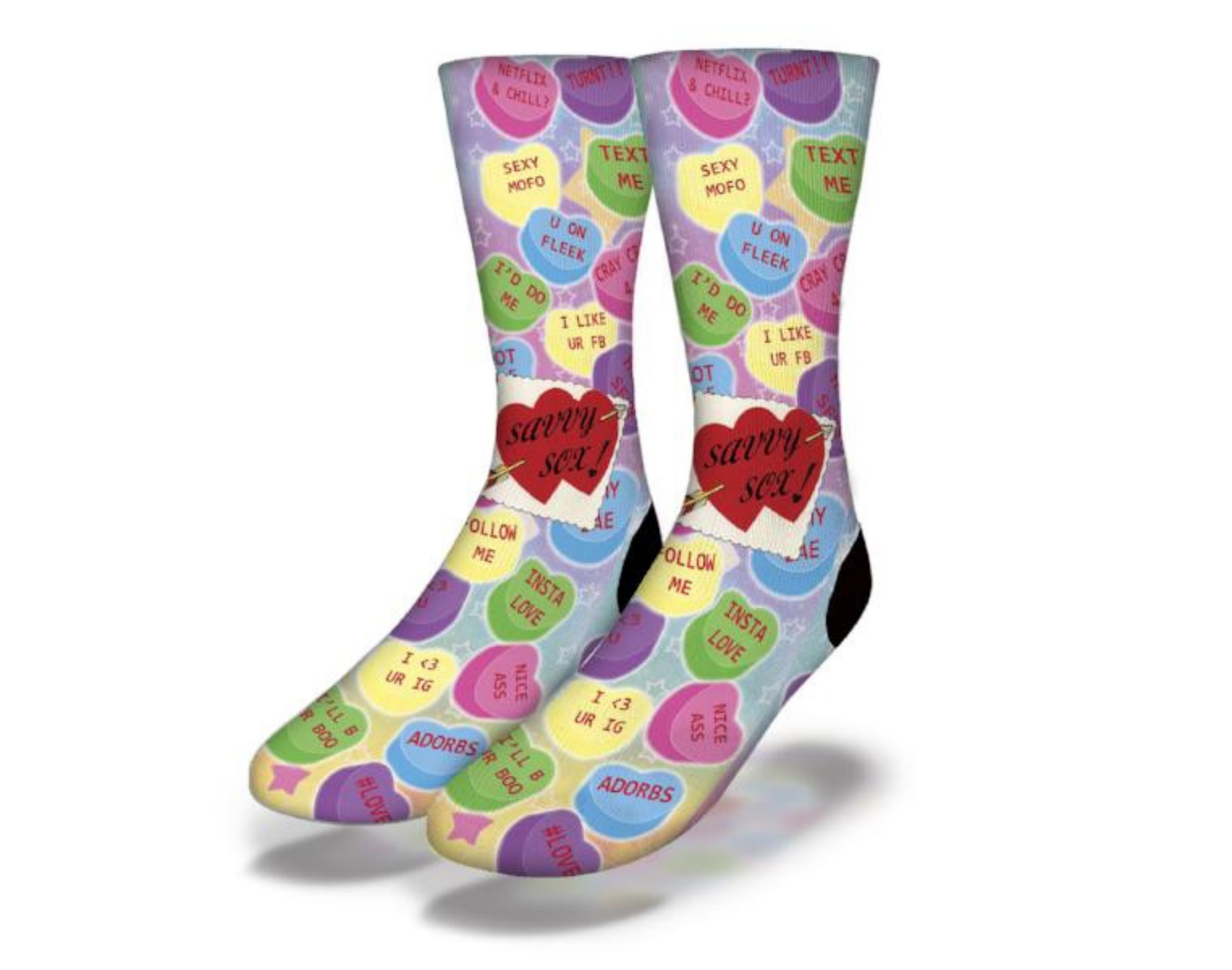 Cute Valentine's Day NSFW Candy Hearts Socks featuring colorful candy heart designs, perfect for a flirty and fun celebration.