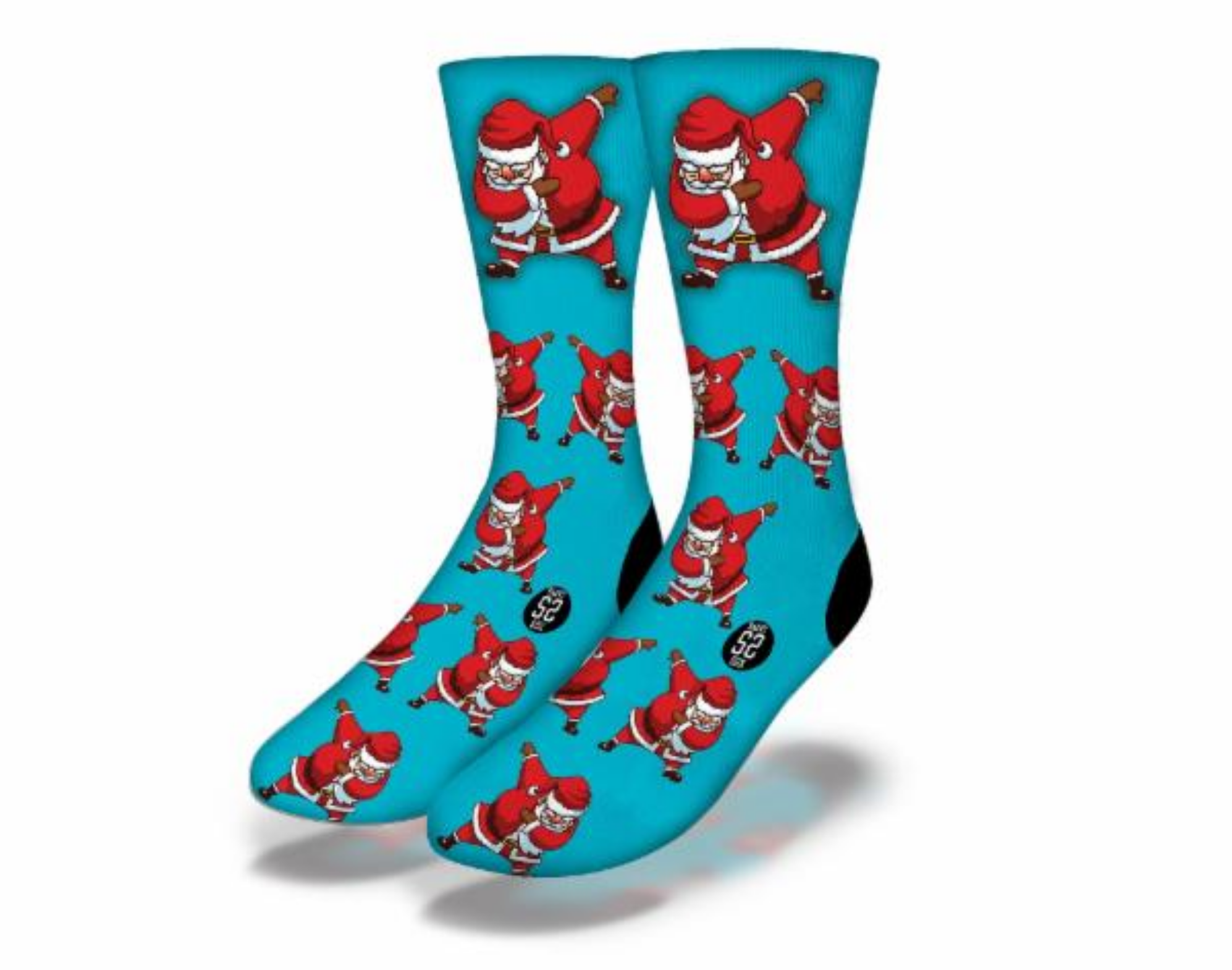 Blue Christmas socks featuring a humorous dabbing Santa design, perfect for holiday festivities.