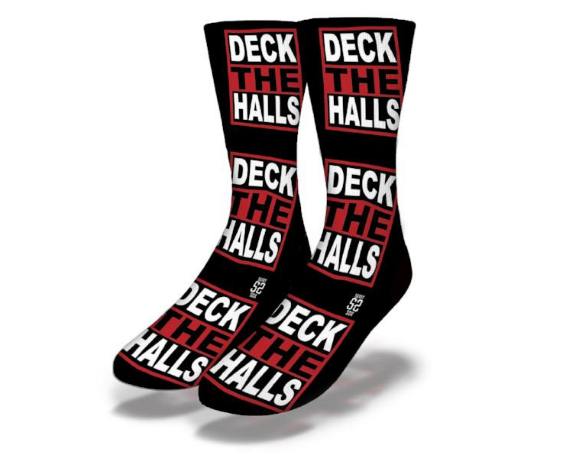 Black DECK THE HALLS Funny Christmas Socks featuring festive holiday designs, perfect for gifting and family traditions.