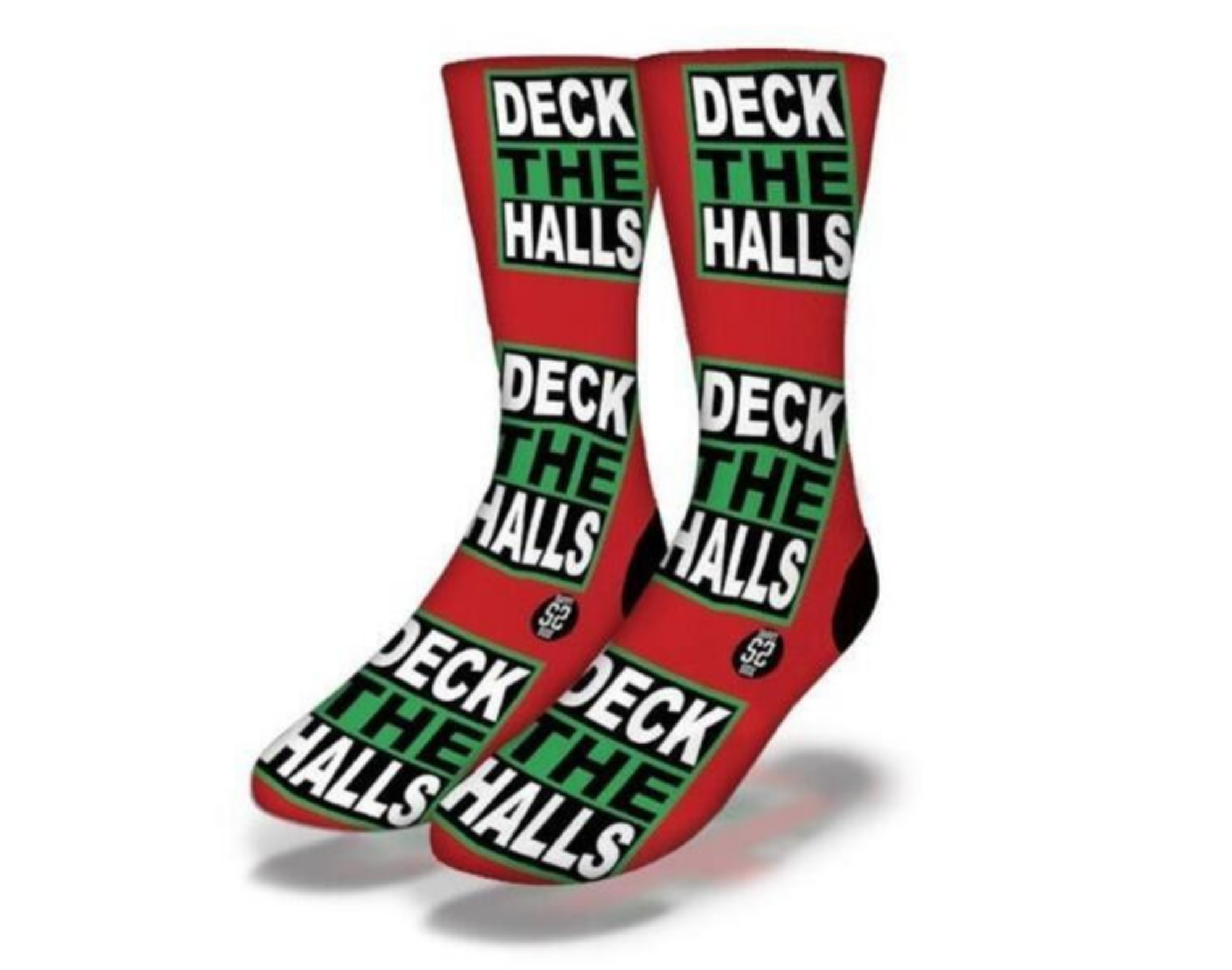 DECK THE HALLS Funny Christmas Socks in vibrant red, featuring festive designs perfect for holiday gifting and celebrations.