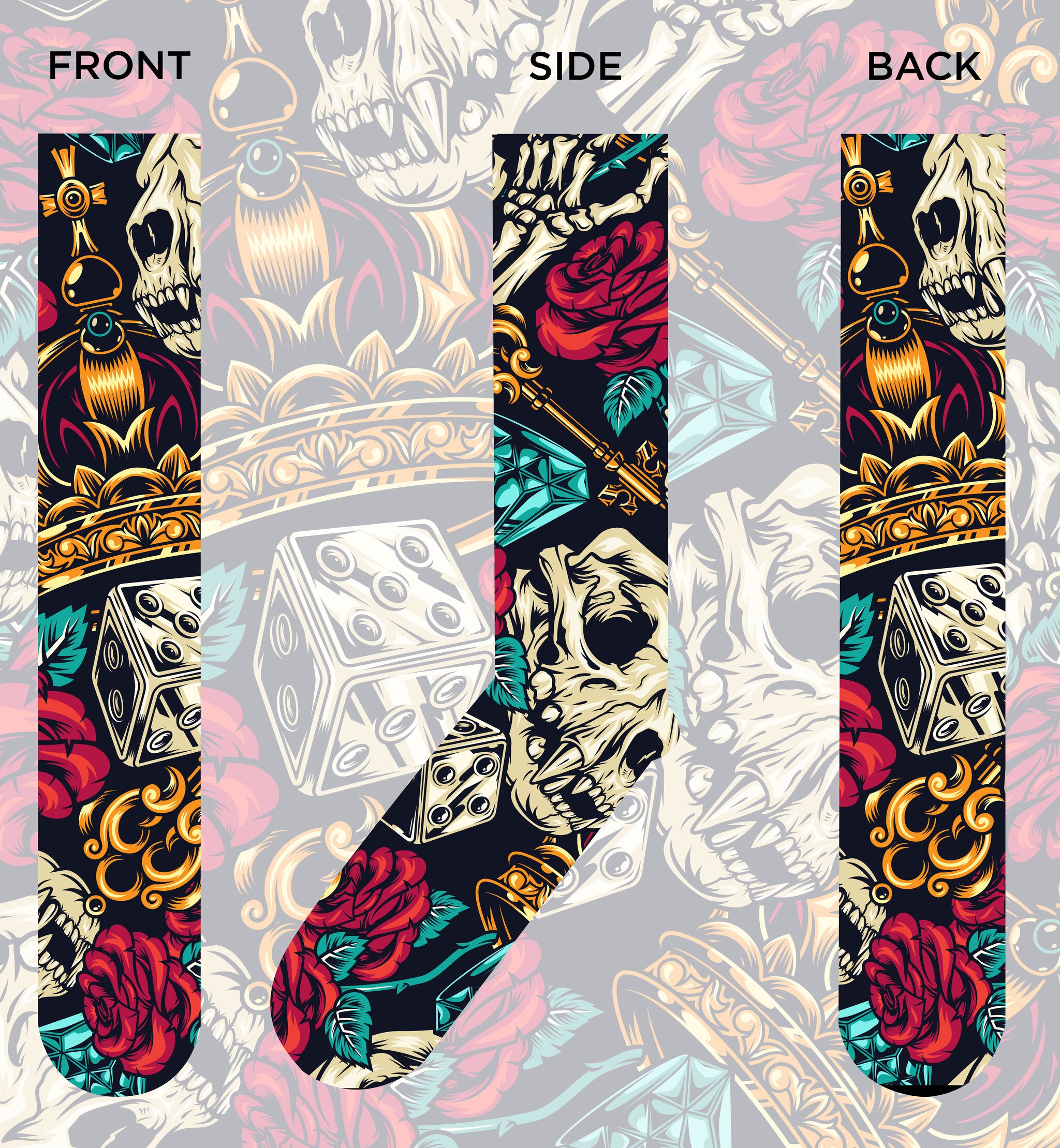 Dice Bone Rose socks featuring a unique gaming design, perfect for gamers and game nights.