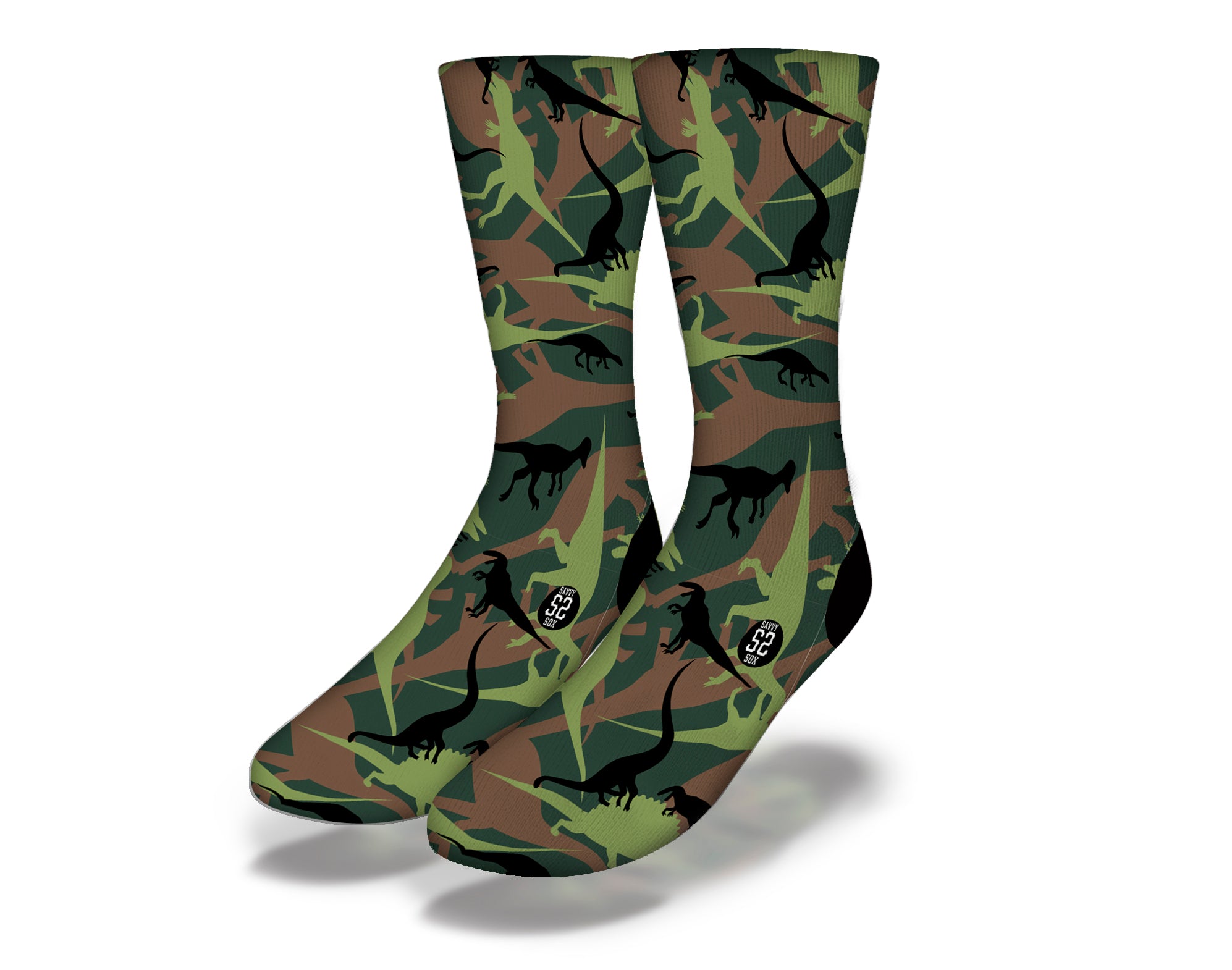 DINO CAMO Fun Dinosaur Socks featuring a vibrant green camo design with playful dinosaur patterns, perfect for kids and adults.