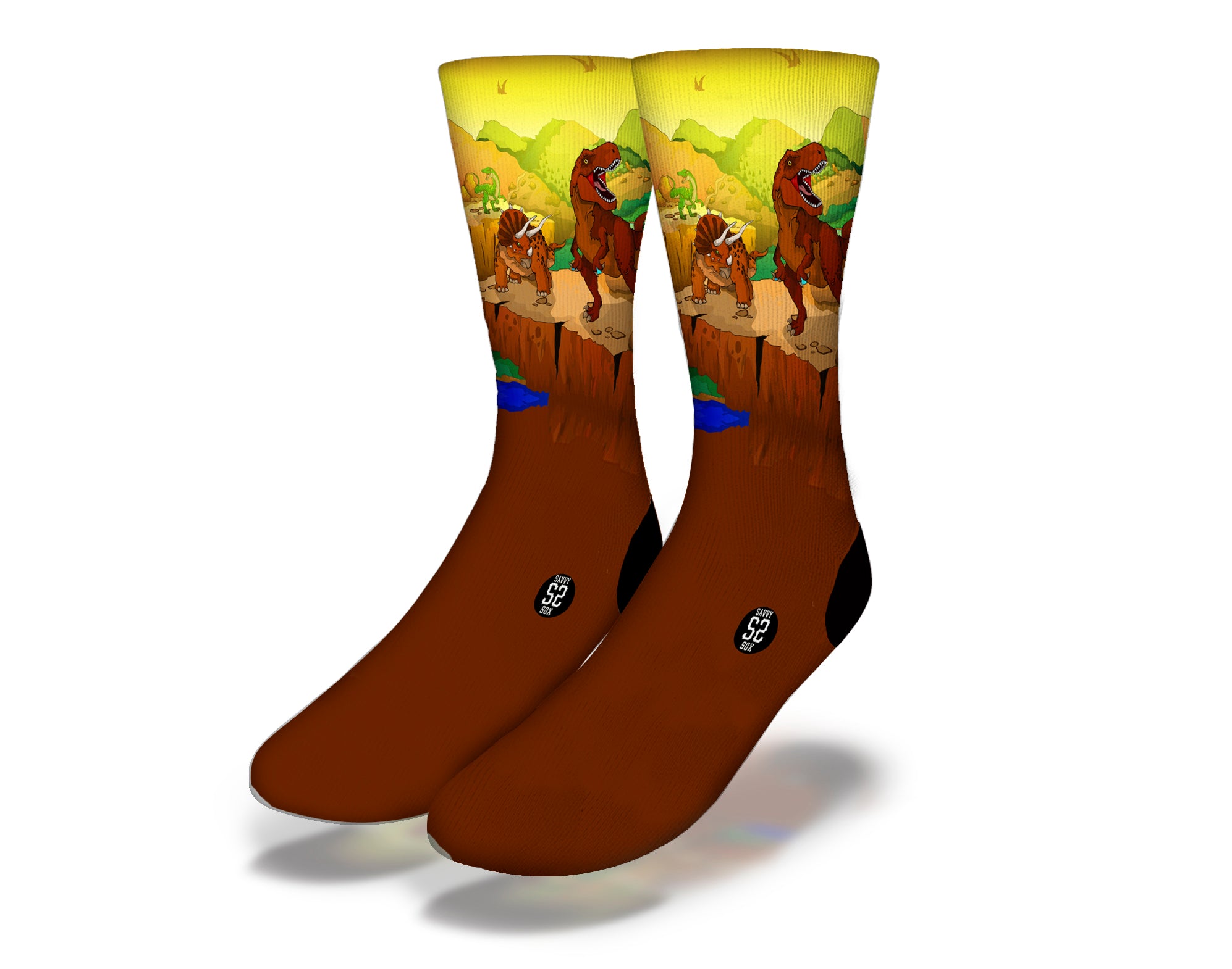 Colorful DINOSAUR BROS Fun Dinosaur Socks featuring T-Rex and Triceratops designs, perfect for kids and adults.