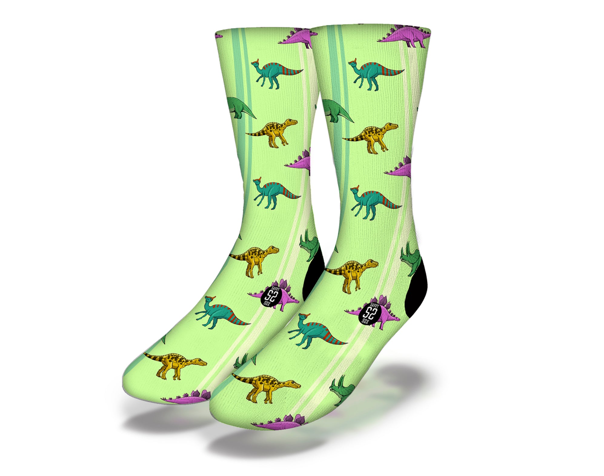 Colorful lime green dinosaur socks featuring T-Rex, Stegosaurus, and Triceratops designs, perfect for fun and quirky fashion.