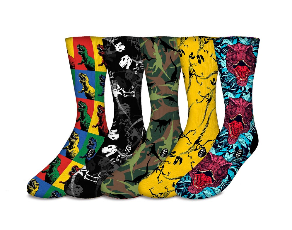 A colorful assortment of five dinosaur-themed socks featuring various dinosaur designs, perfect for kids and adults who love dinosaurs.