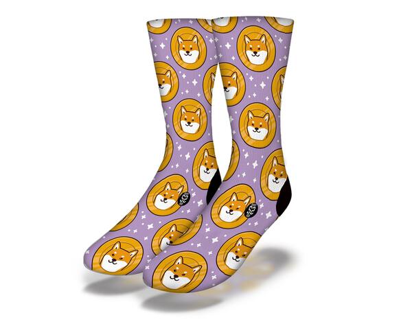 A pair of DOGECOIN Pattern Funny Crypto Meme Socks featuring a vibrant design with the DOGECOIN logo, perfect for cryptocurrency enthusiasts.