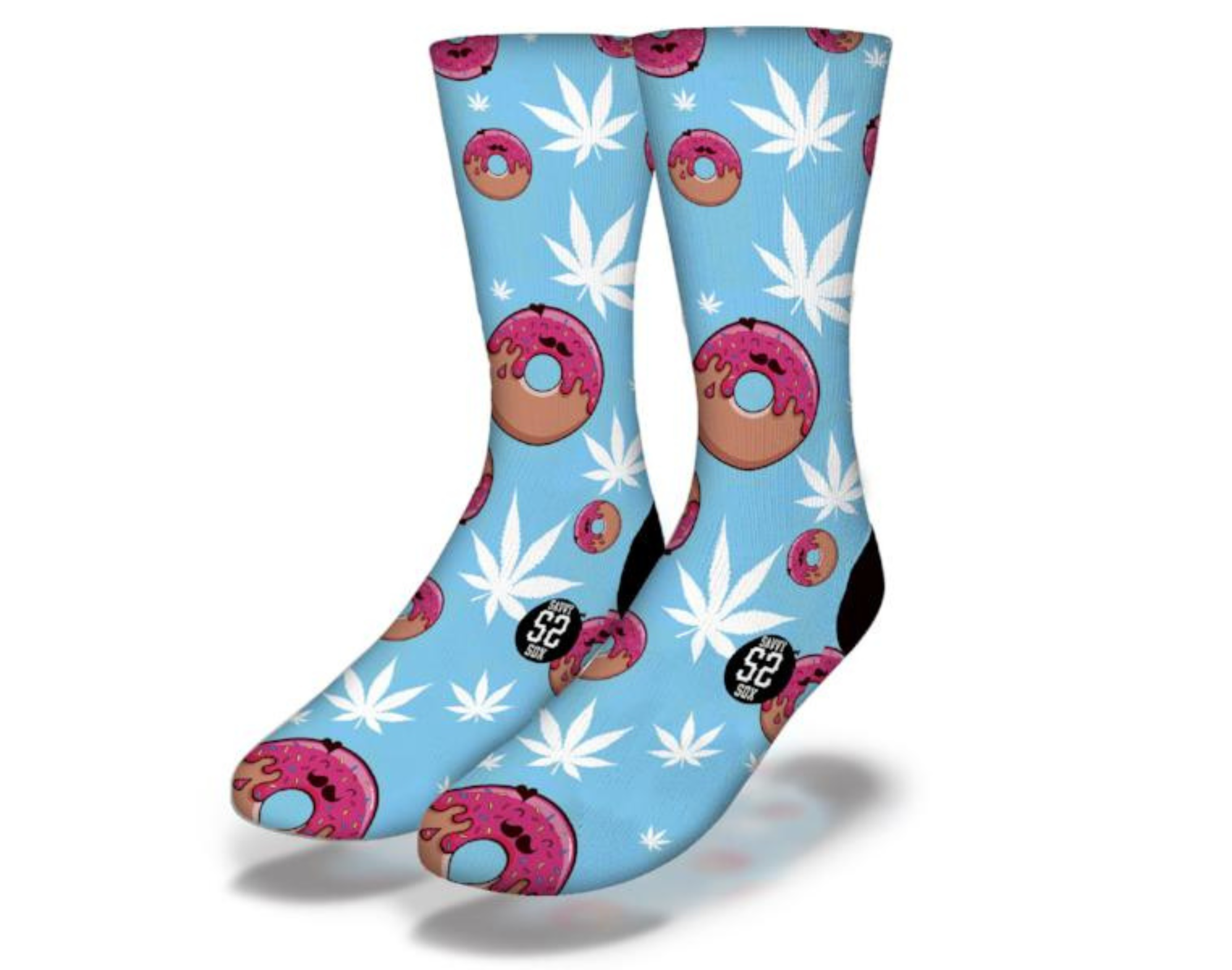 DONUT MUNCHIES Funny Weed Socks featuring a humorous design with cannabis and donut graphics, perfect for stoners.