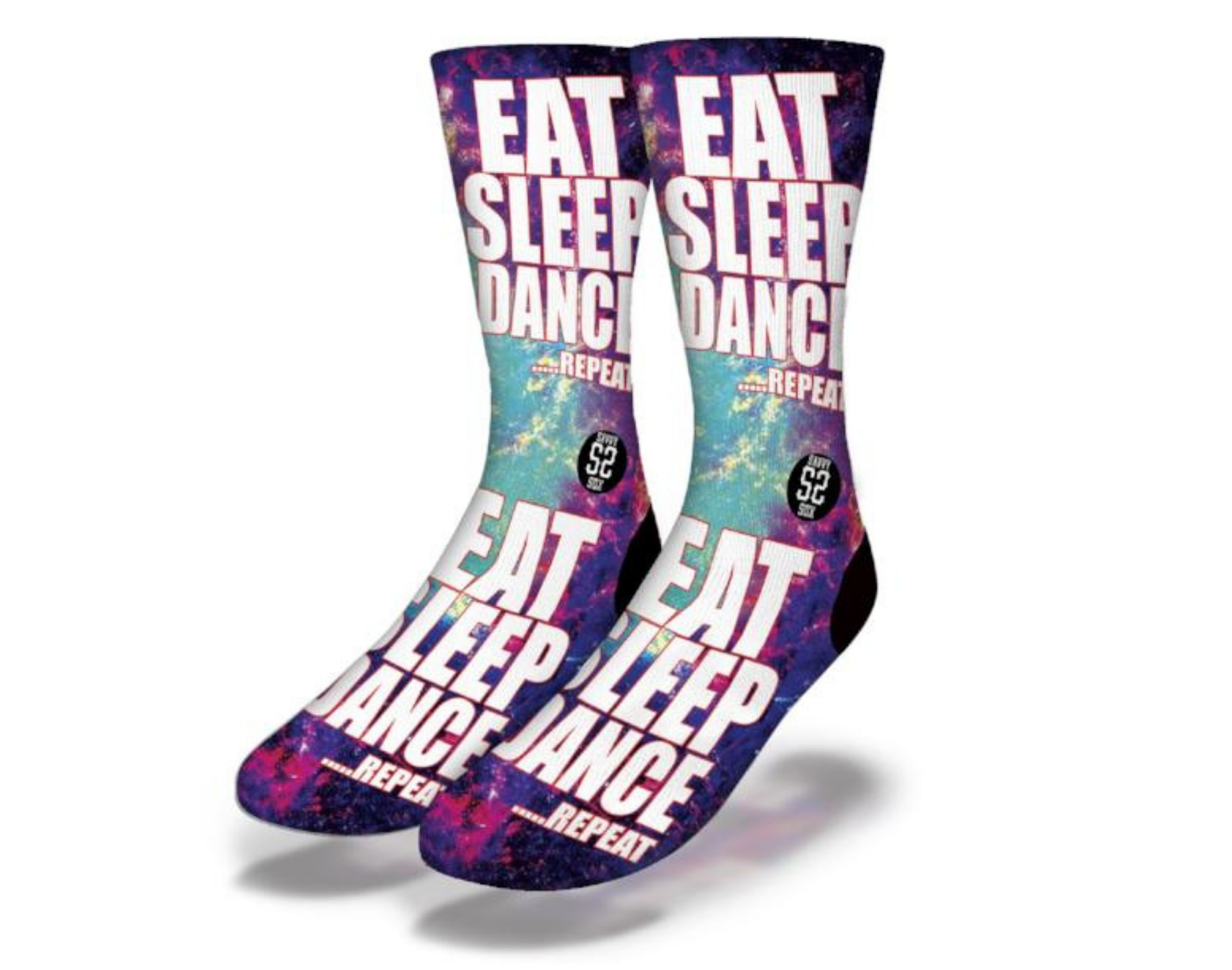 Colorful Eat Sleep Dance Repeat Socks with motivational text and vibrant design, perfect for dancers.