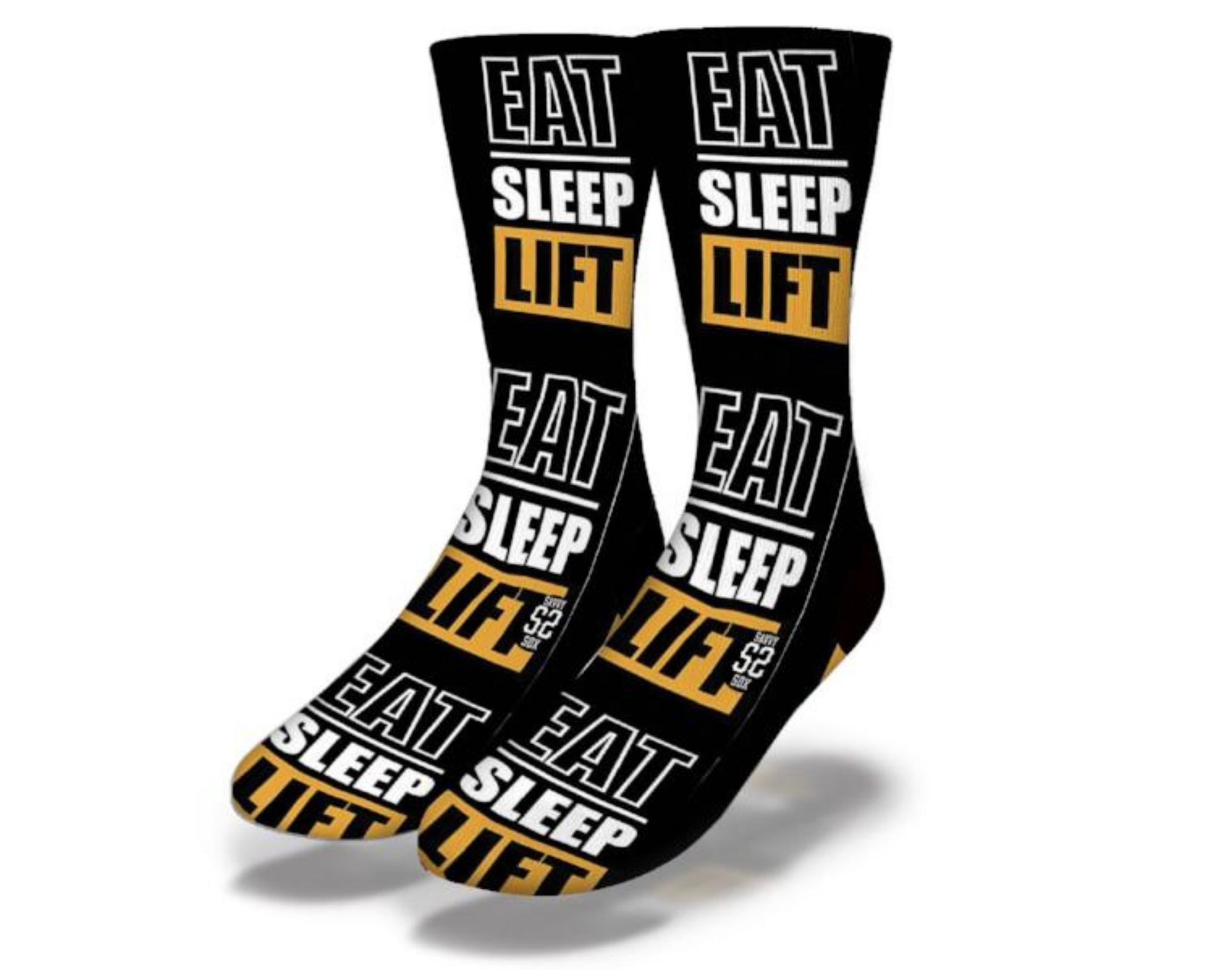 EAT SLEEP LIFT Fun Gym Socks featuring a bold design perfect for fitness enthusiasts, showcasing a humorous slogan for gym lovers.