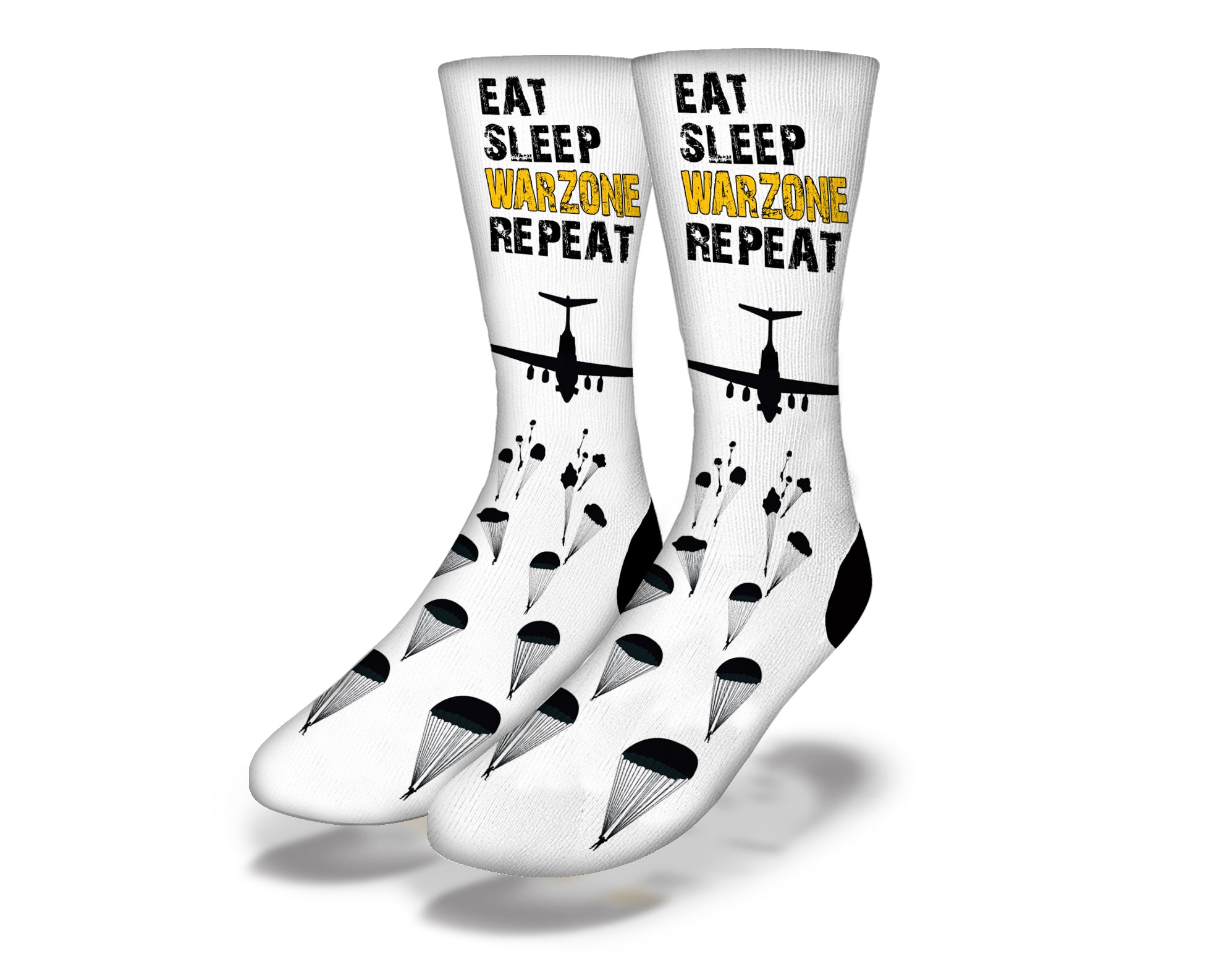 White socks featuring the phrase 'Eat Sleep Warzone Repeat' in bold typography, perfect for gamers.