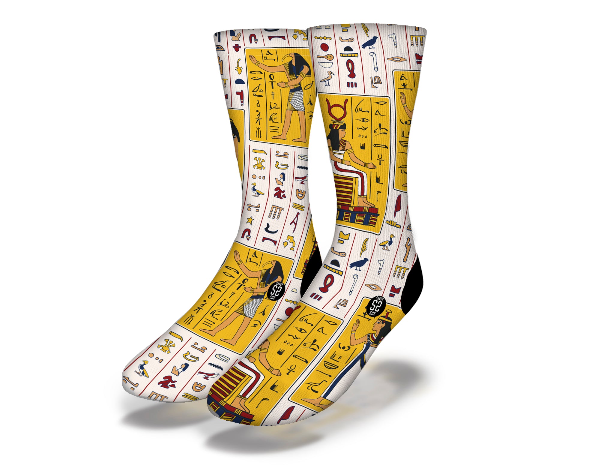 Colorful EGYPTIAN GODS HIEROGLYPHICS Fun World Socks featuring ancient Egyptian symbols and designs.