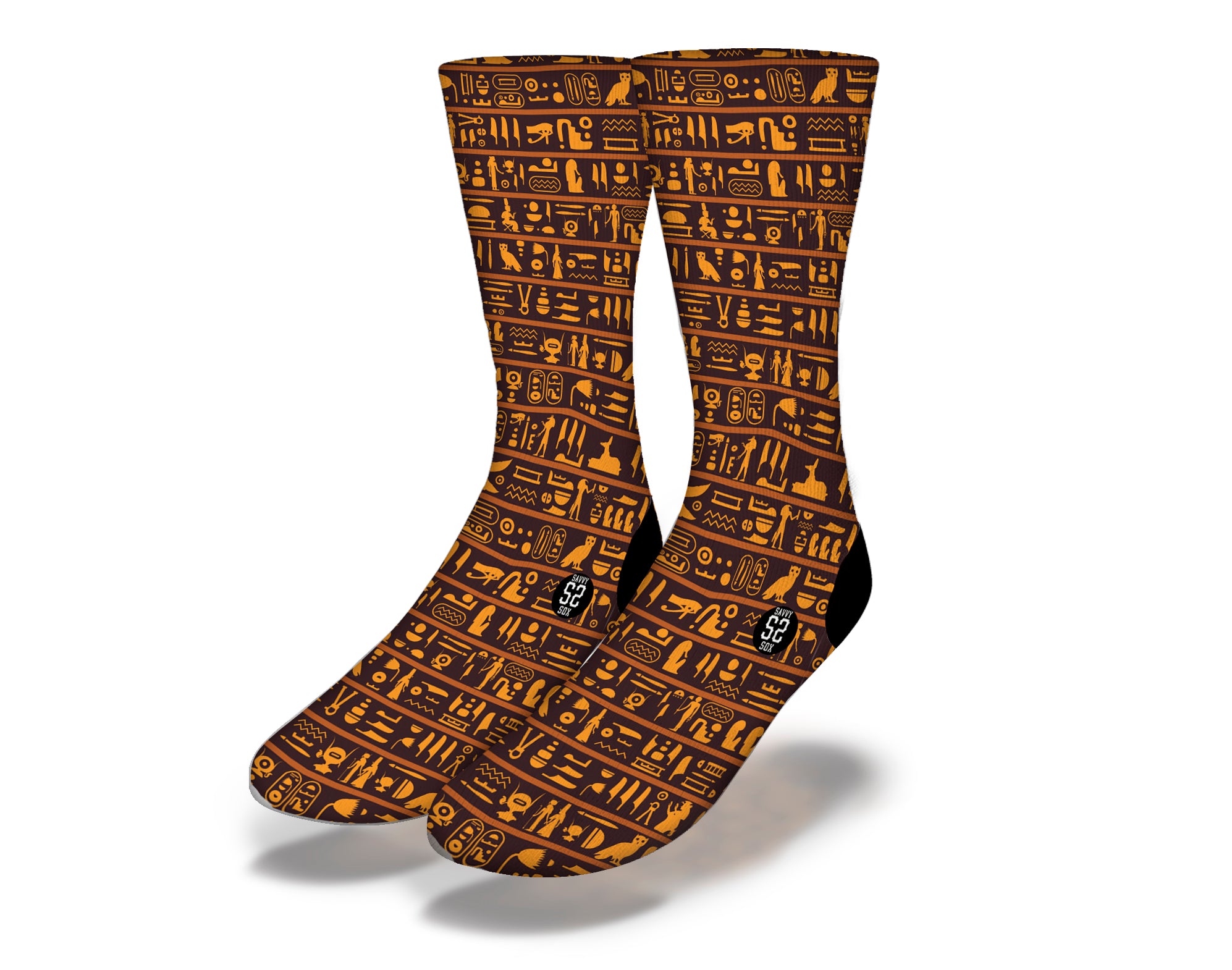 A pair of vibrant orange socks featuring intricate Egyptian hieroglyphics, perfect for cultural enthusiasts and travelers.