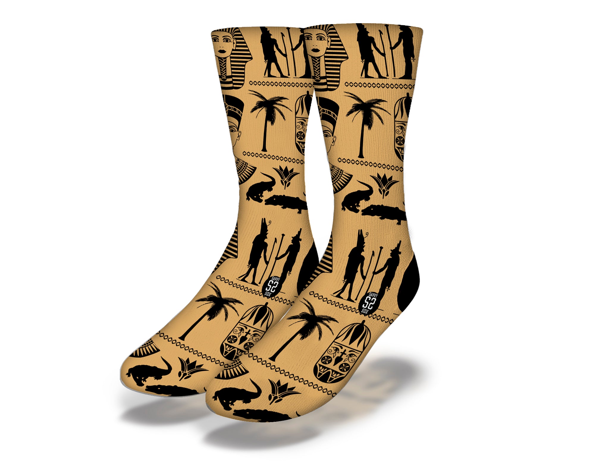 Colorful EGYPTIAN KINGS & CROCODILES Fun World Socks featuring hieroglyphs and crocodile designs, perfect for travel enthusiasts.