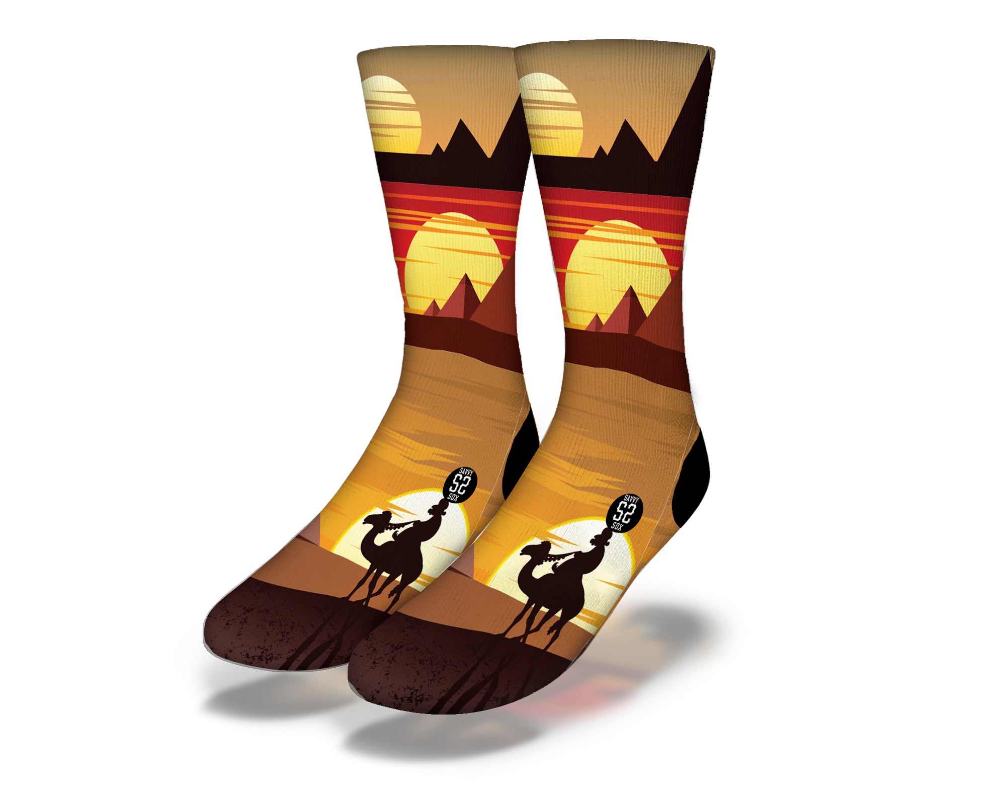 Colorful EGYPTIAN PYRAMIDS AT SUNSET Fun World Socks featuring pyramids against a vibrant sunset.