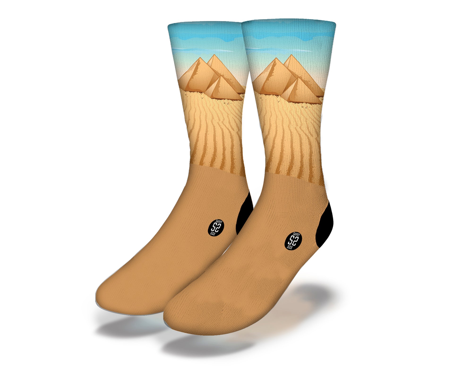 Colorful EGYPTIAN PYRAMIDS IN THE DESERT Fun World Socks featuring iconic pyramids and desert scenery.