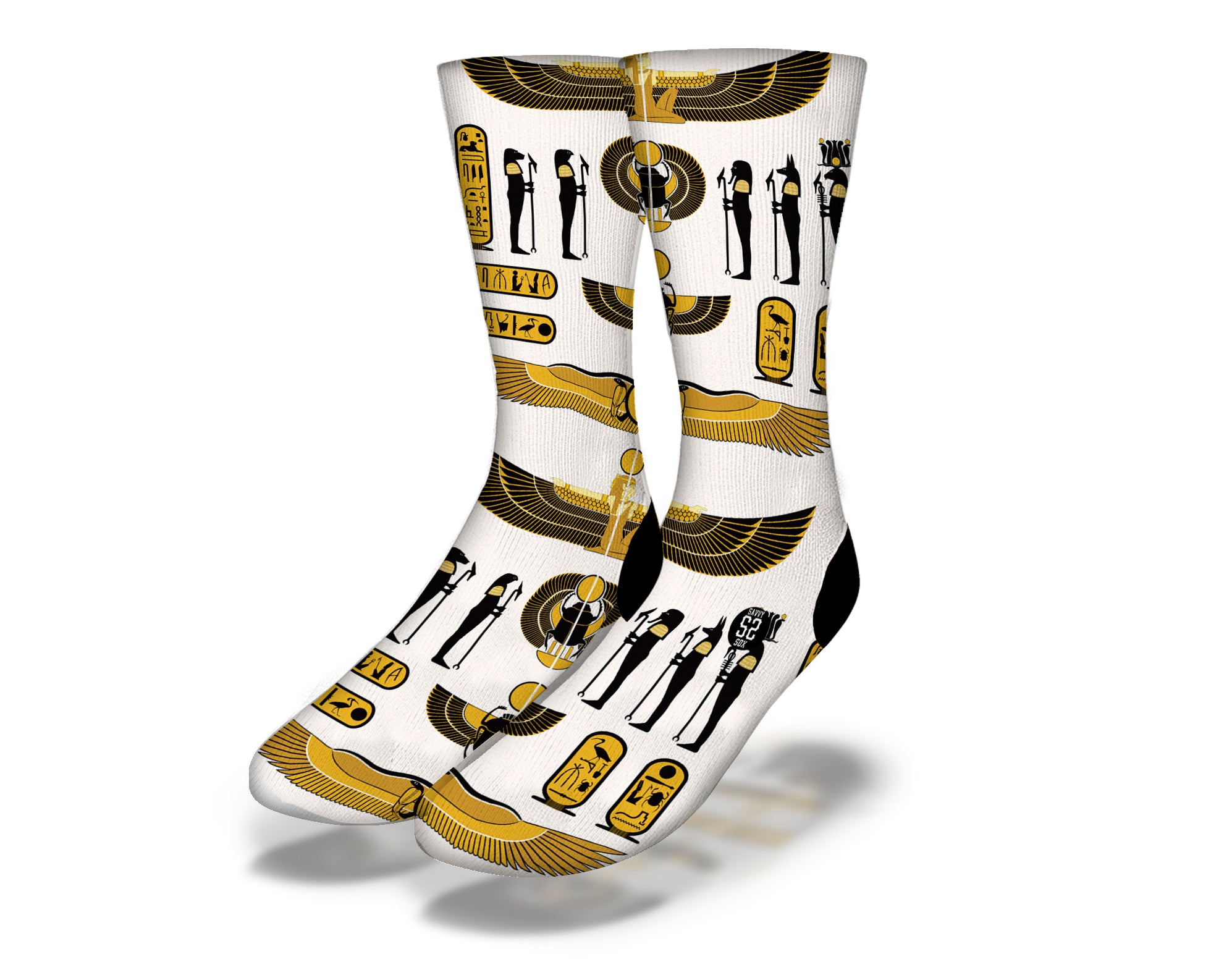 A pair of EGYPTIAN SCROLLS Fun World Socks featuring ancient Egyptian designs including queens, wings, scarabs, and hieroglyphics.