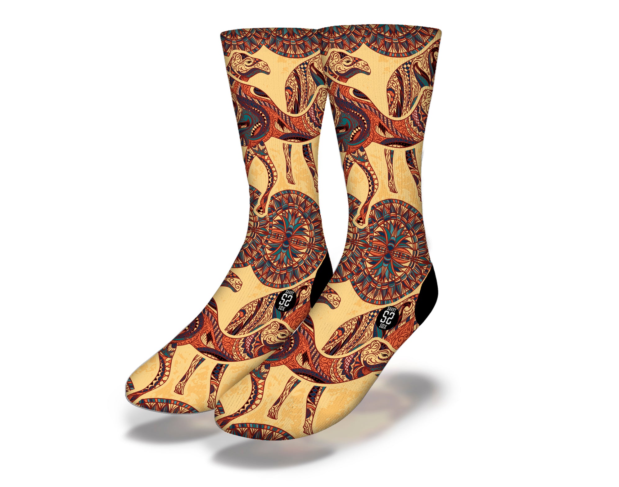 Colorful EGYPTIAN ZENTANGLE CAMELS Fun World Socks featuring intricate camel designs winding through a desert landscape.