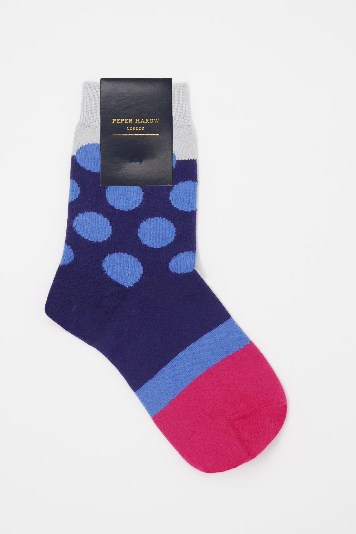 Eleanor Women's Navy Socks featuring blue polka dots and a pink toe, made from luxurious Supima cotton.