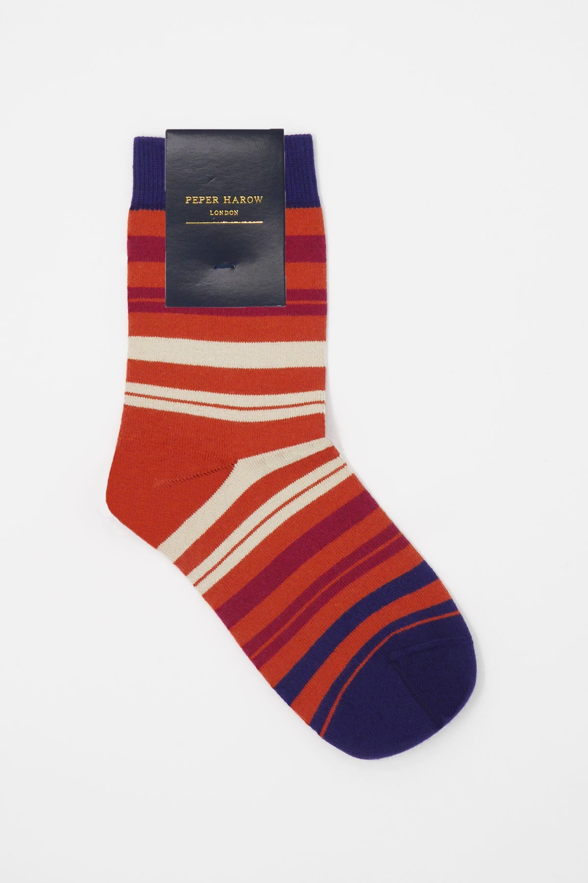 Elizabeth Women's Socks in Ginger featuring maroon, taupe, and navy stripes, made from luxurious Supima cotton.