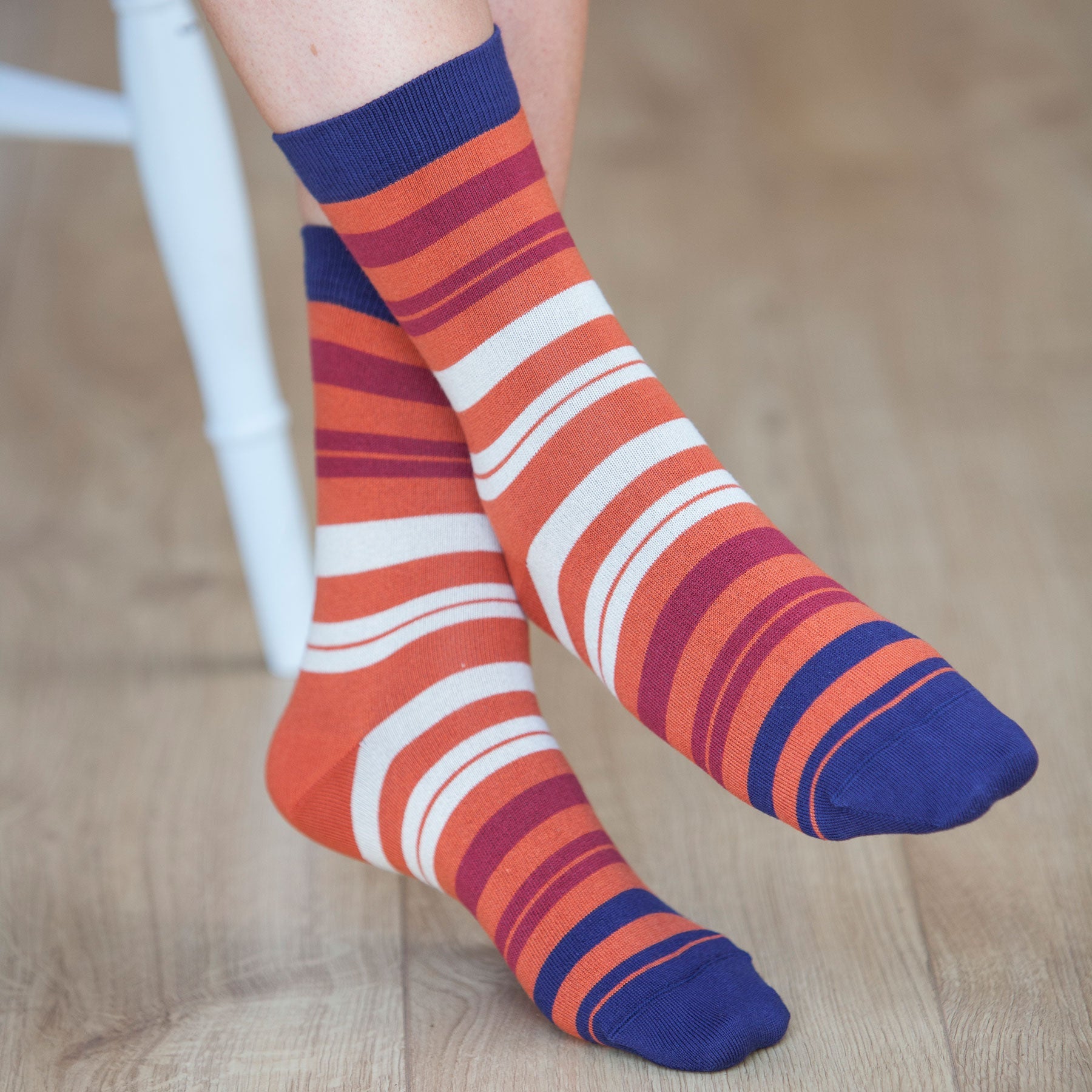 Elizabeth Women's Socks in Ginger featuring maroon, taupe, and navy stripes, made from luxurious Supima cotton.