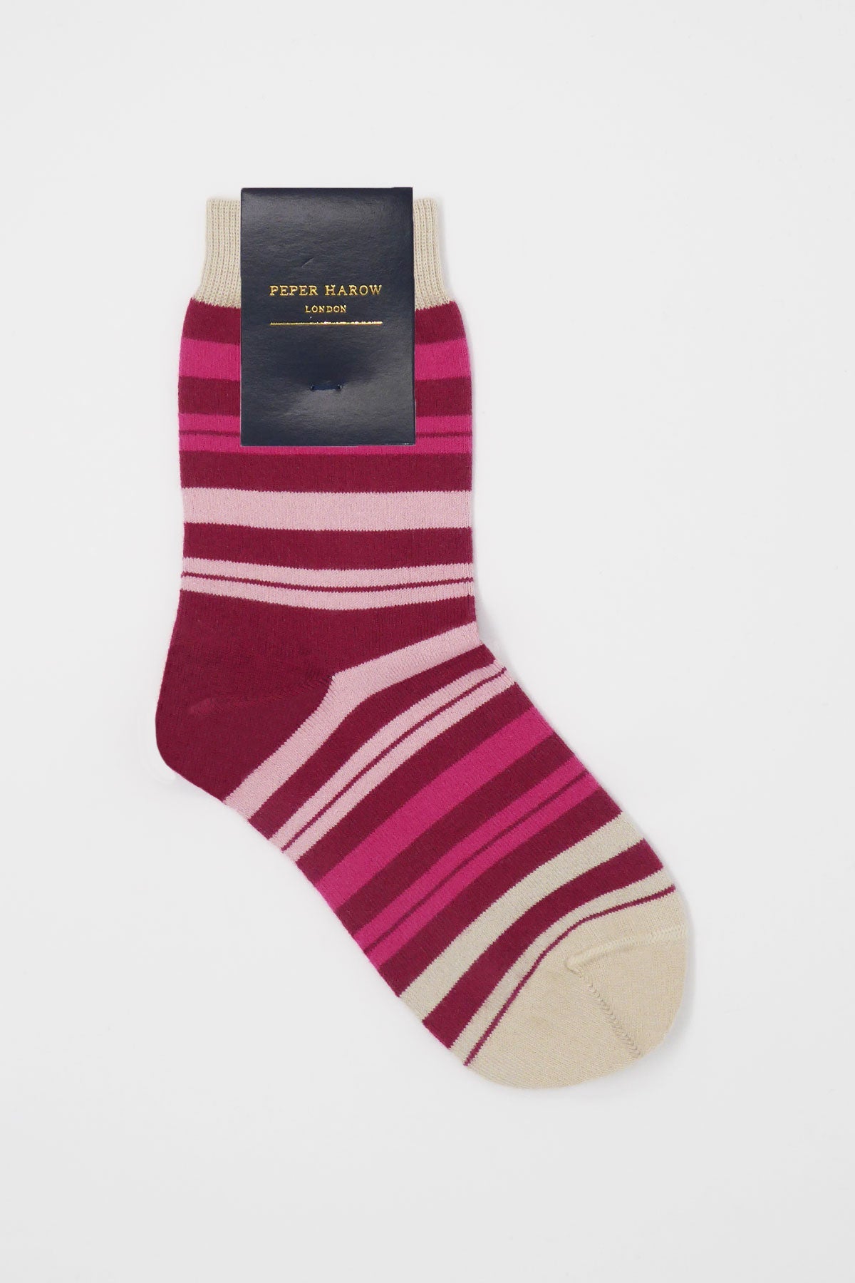 Colorful Elizabeth Women's Socks featuring taupe, pink, and wine stripes, made from luxurious Supima cotton.