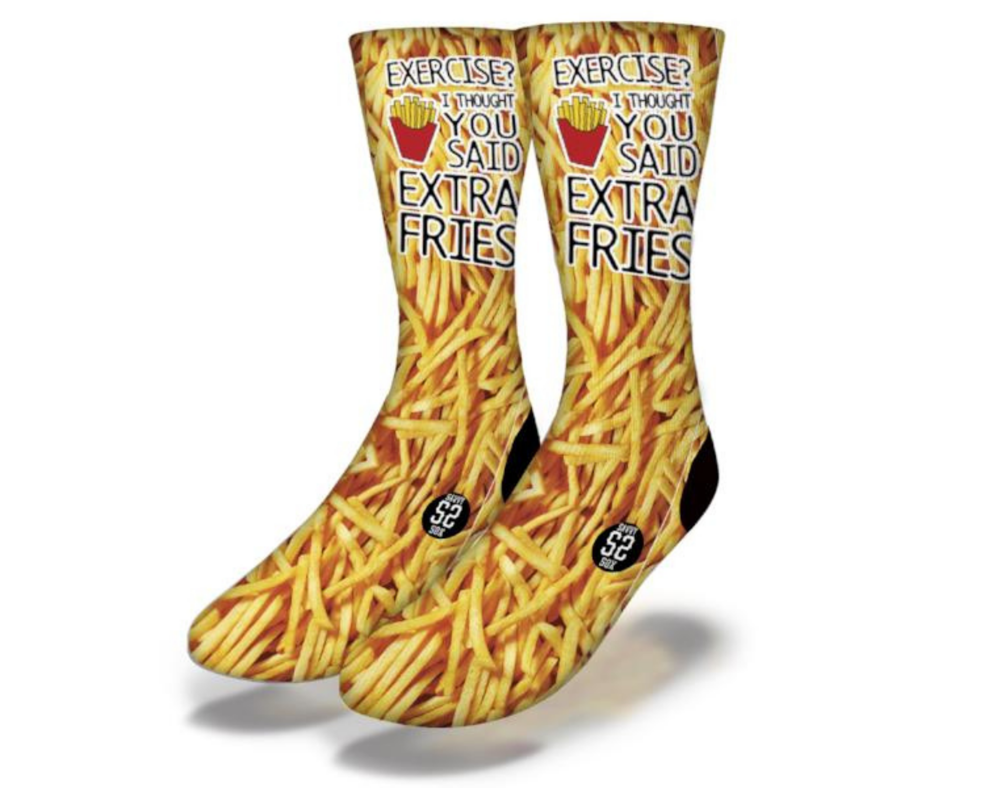 Colorful Exercise or Extra Fries Socks featuring a fun design for fitness enthusiasts and food lovers.