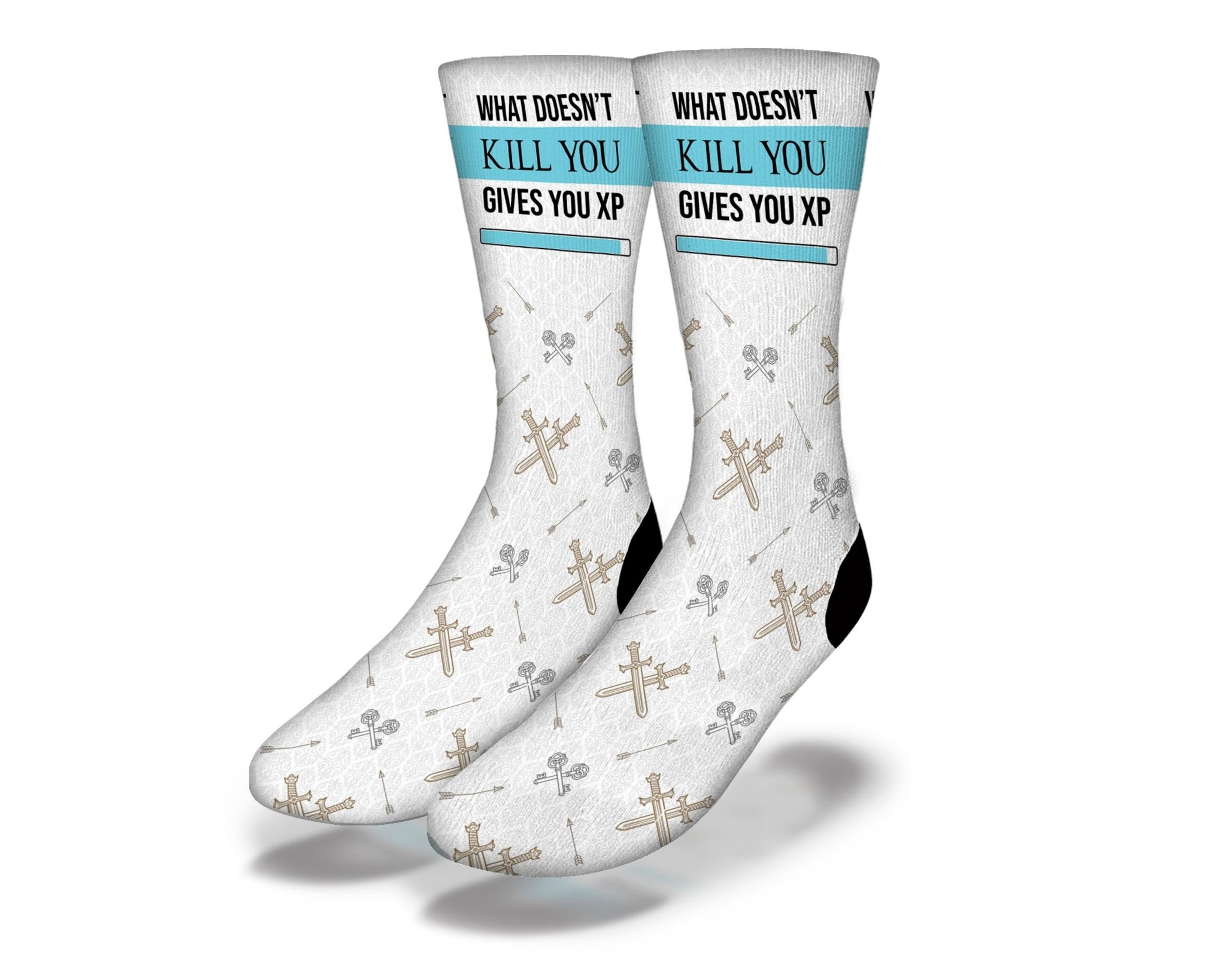 A pair of EXPERIENCE POINTS Fun Video Game Socks featuring a repeating pattern of crossed swords, perfect for gamers.