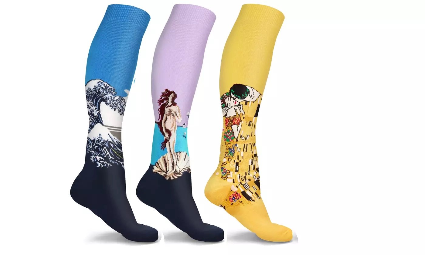 Famous Art Paintings Compression Socks featuring vibrant artwork designs, available in sets of 3 or 6 pairs, showcasing comfort and style.