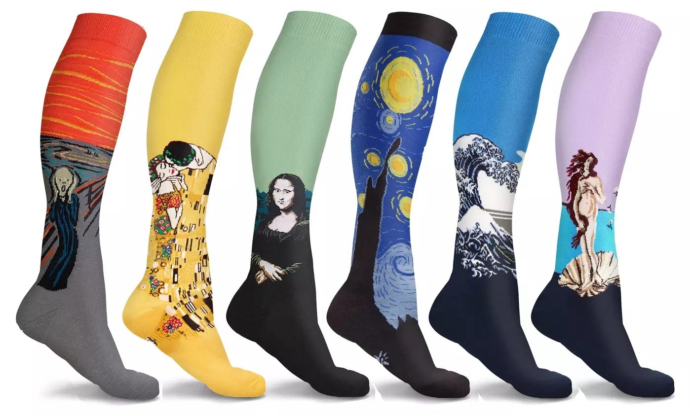 Famous Art Paintings Compression Socks featuring vibrant artwork designs, available in sets of 3 or 6 pairs, showcasing comfort and style.