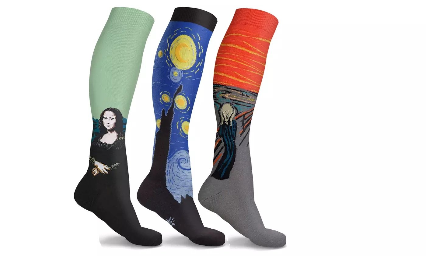 Famous Art Paintings Compression Socks featuring vibrant artwork designs, available in sets of 3 or 6 pairs, showcasing comfort and style.