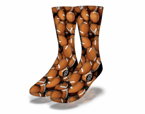 A pair of colorful FANTASY FOOTBALLS Fun Football Socks featuring a playful football design, perfect for sports fans and game day.