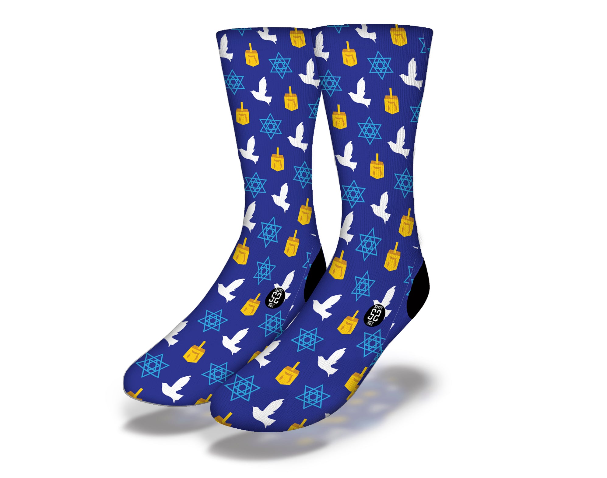 Festive Hanukkah socks featuring doves, dreidels, and the Star of David in traditional blue, perfect for holiday gifting.