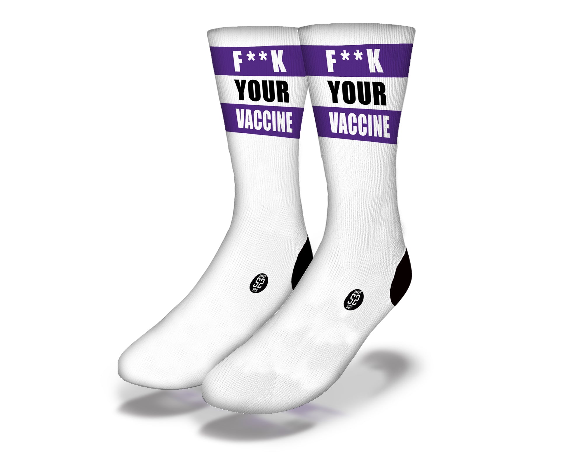 Purple novelty socks with humorous text about vaccines, perfect for quarantine life.