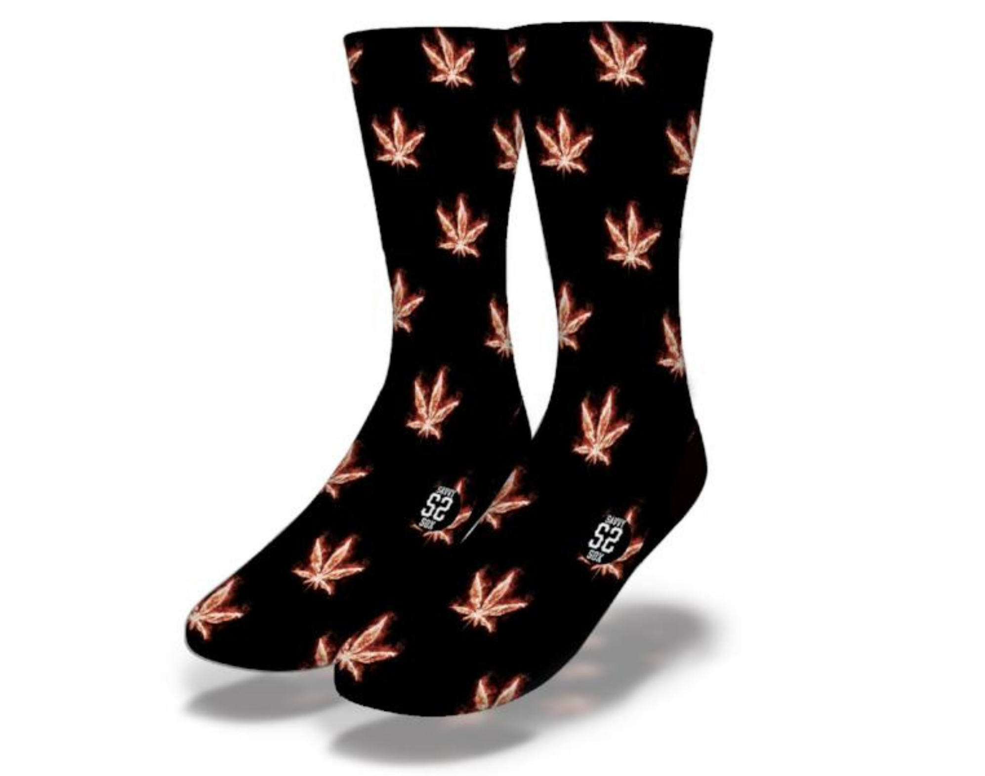 A pair of vibrant Flaming Cannabis Socks featuring a colorful cannabis leaf design engulfed in flames, perfect for casual wear.